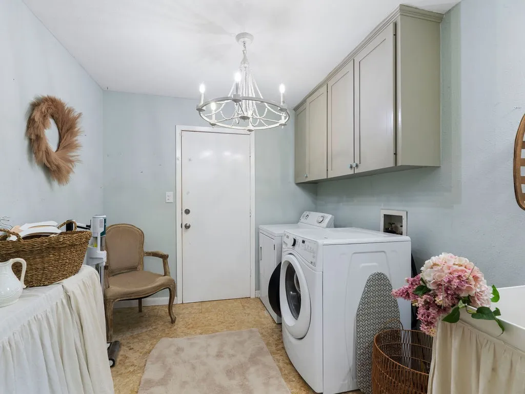 Utility room featuring overhead cabinetry, a ceiling-mounted light fixture, and light-colored flooring