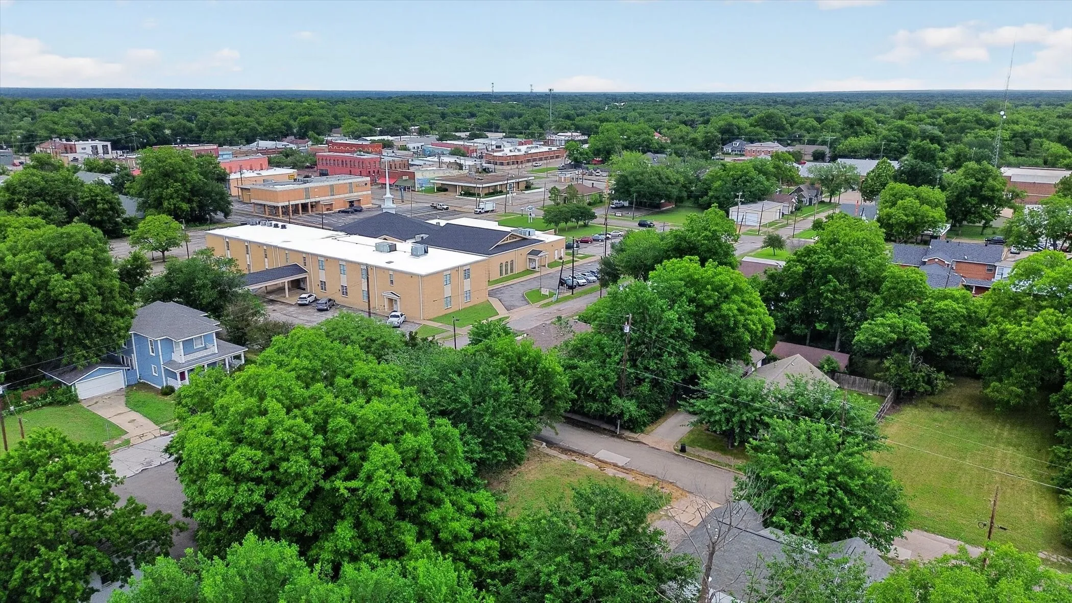 Aerial perspective showcasing a mixed-use district with commercial buildings, residential properties, and extensive tree canopy