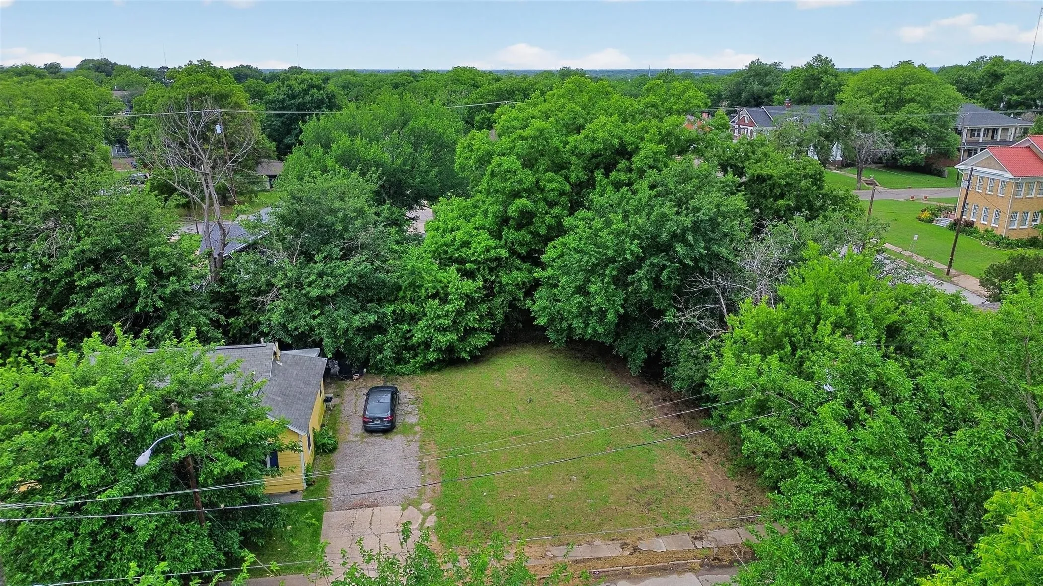 Expansive lot featuring a grass lawn, mature trees, and a paved driveway