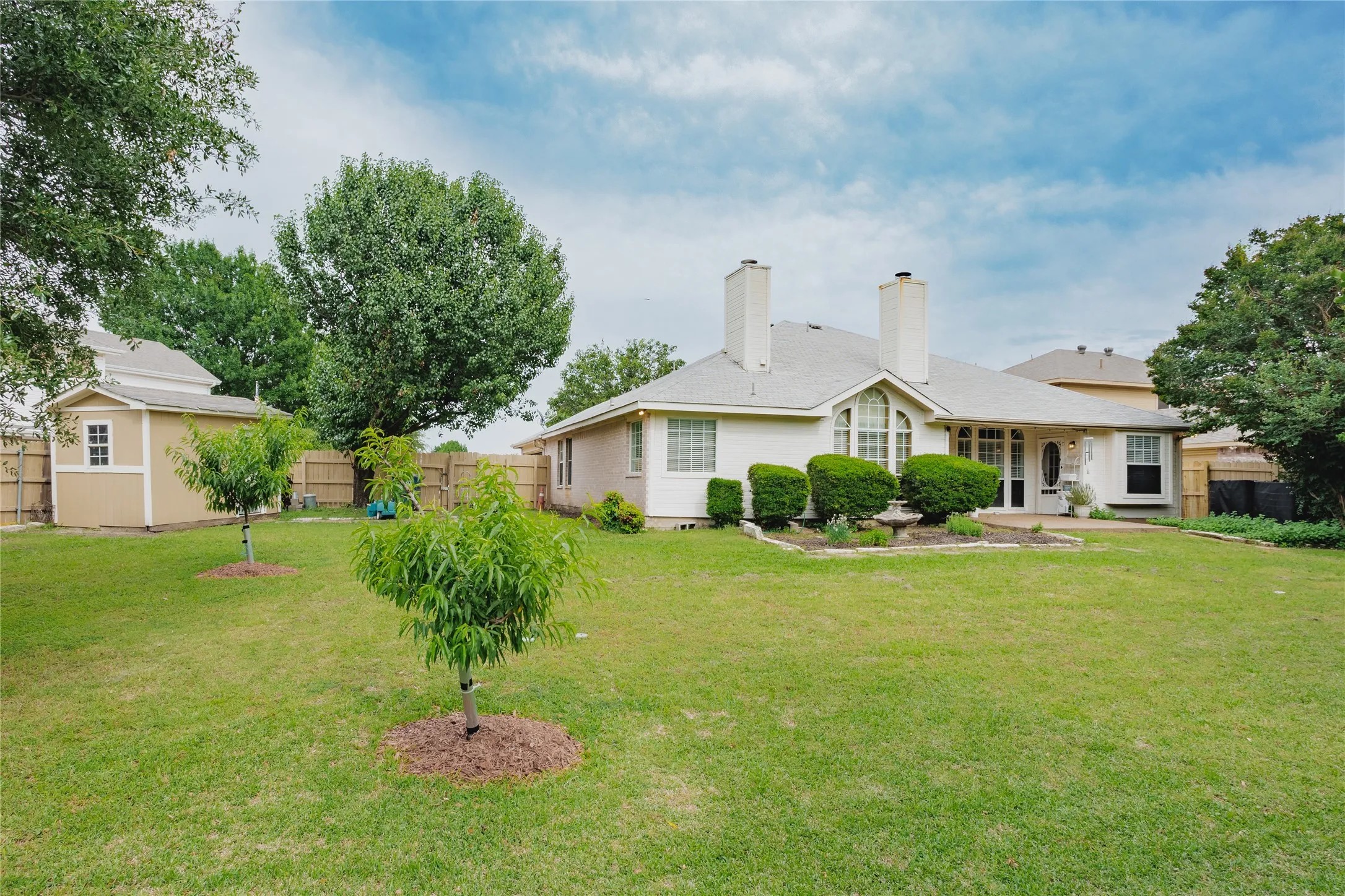 Spacious rear yard featuring an expansive lawn, mature trees, and a detached shed with a window