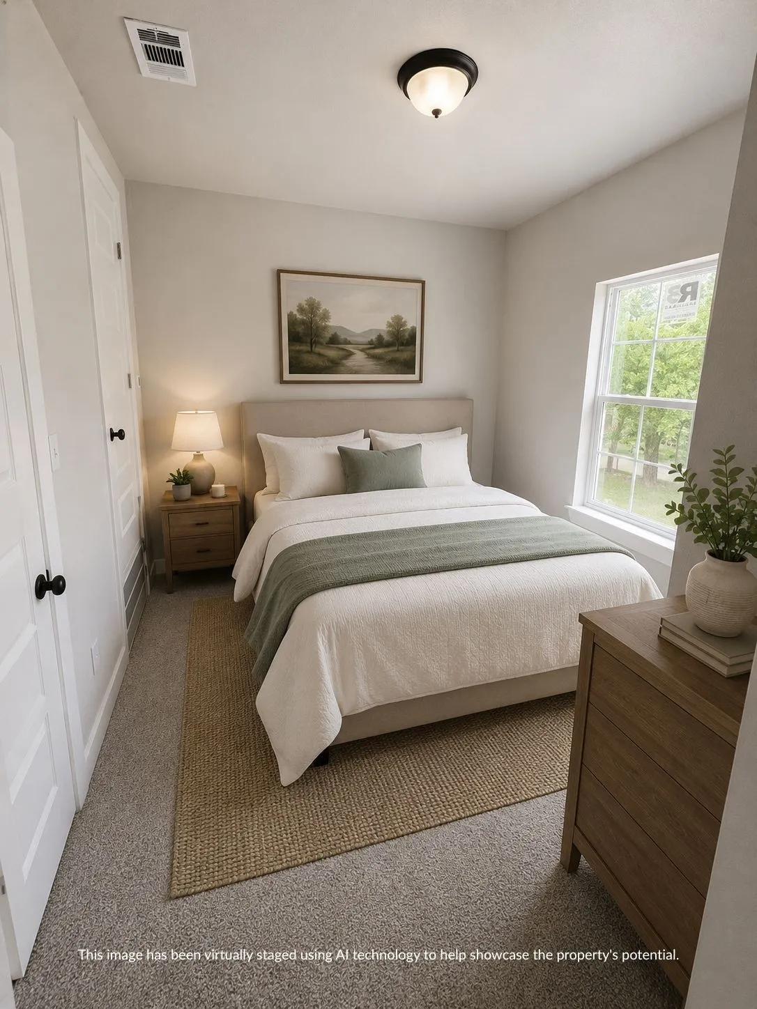 Neutral-toned bedroom featuring a double-hung window, light gray carpeting, and a flush-mount ceiling light fixture