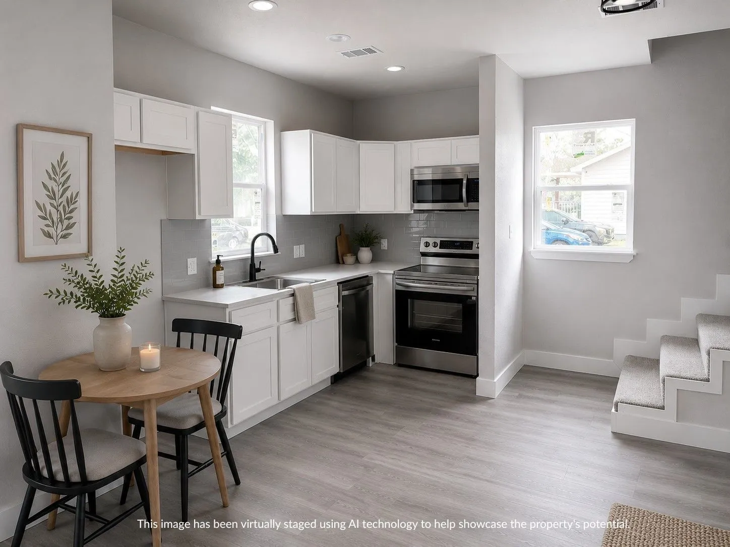 Modern kitchen featuring white cabinetry, stainless steel appliances, a light-toned backsplash, light wood-finish flooring, and recessed lighting