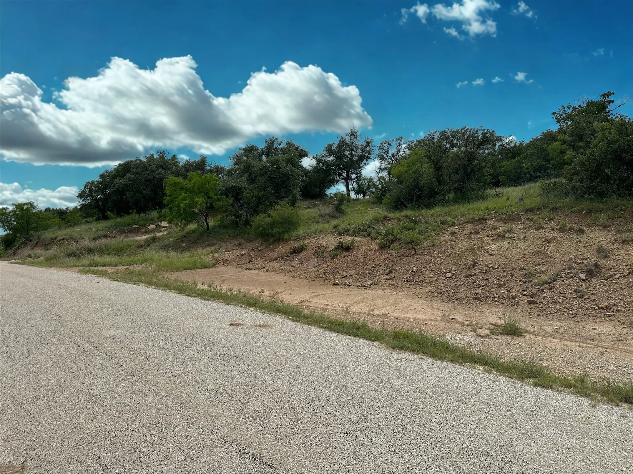 Gravel road bordering a natural landscape with mature trees and varied topography