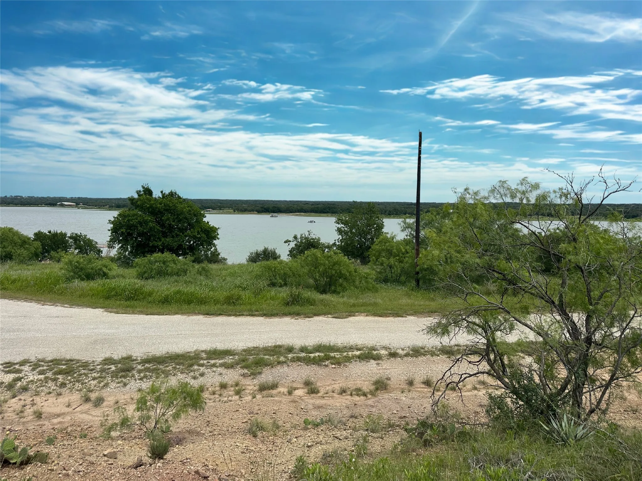 Expansive natural landscape featuring a prominent body of water, a gravel road, and varied vegetation including mature trees and native plants