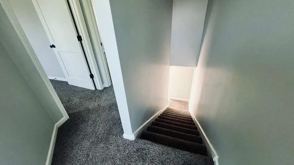 Carpeted staircase with light gray walls, white trim, and white paneled doors with black hardware