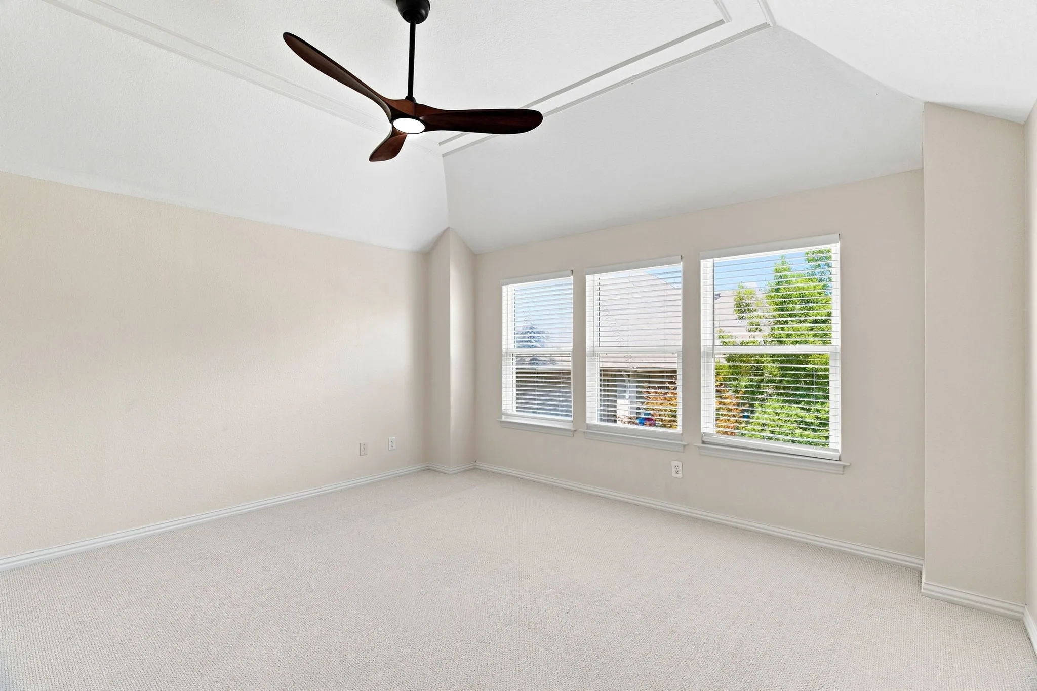 Tray ceiling with crown molding, three windows with blinds, wall-to-wall carpeting, and a ceiling fan