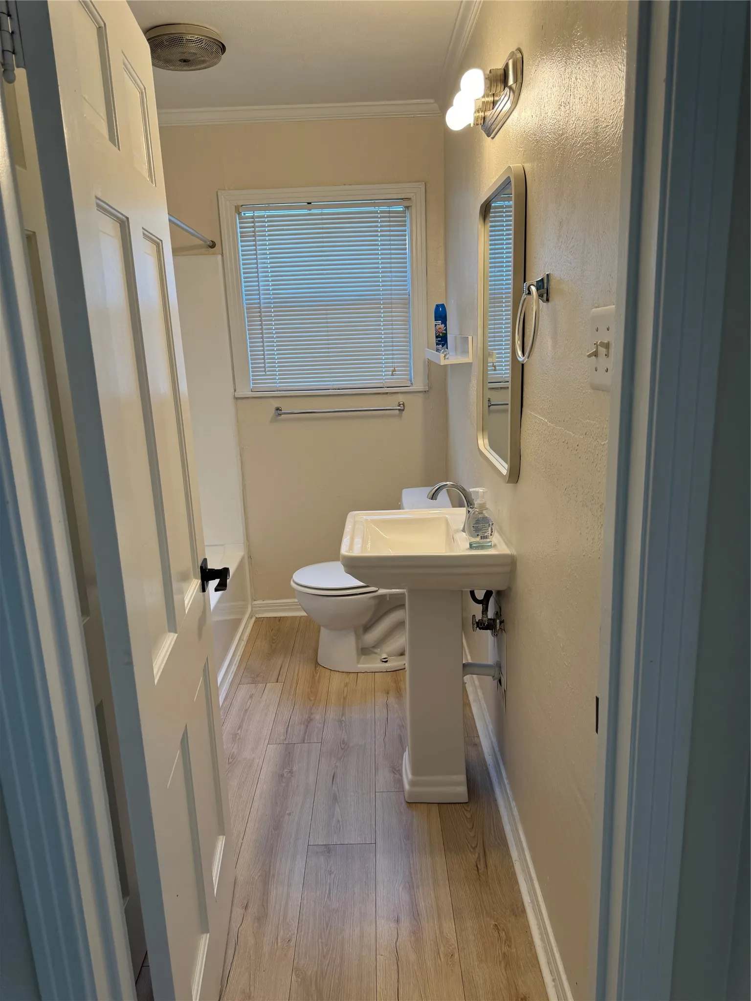 Bathroom featuring wood-finish flooring, a white pedestal sink, and a framed mirror with an overhead light fixture