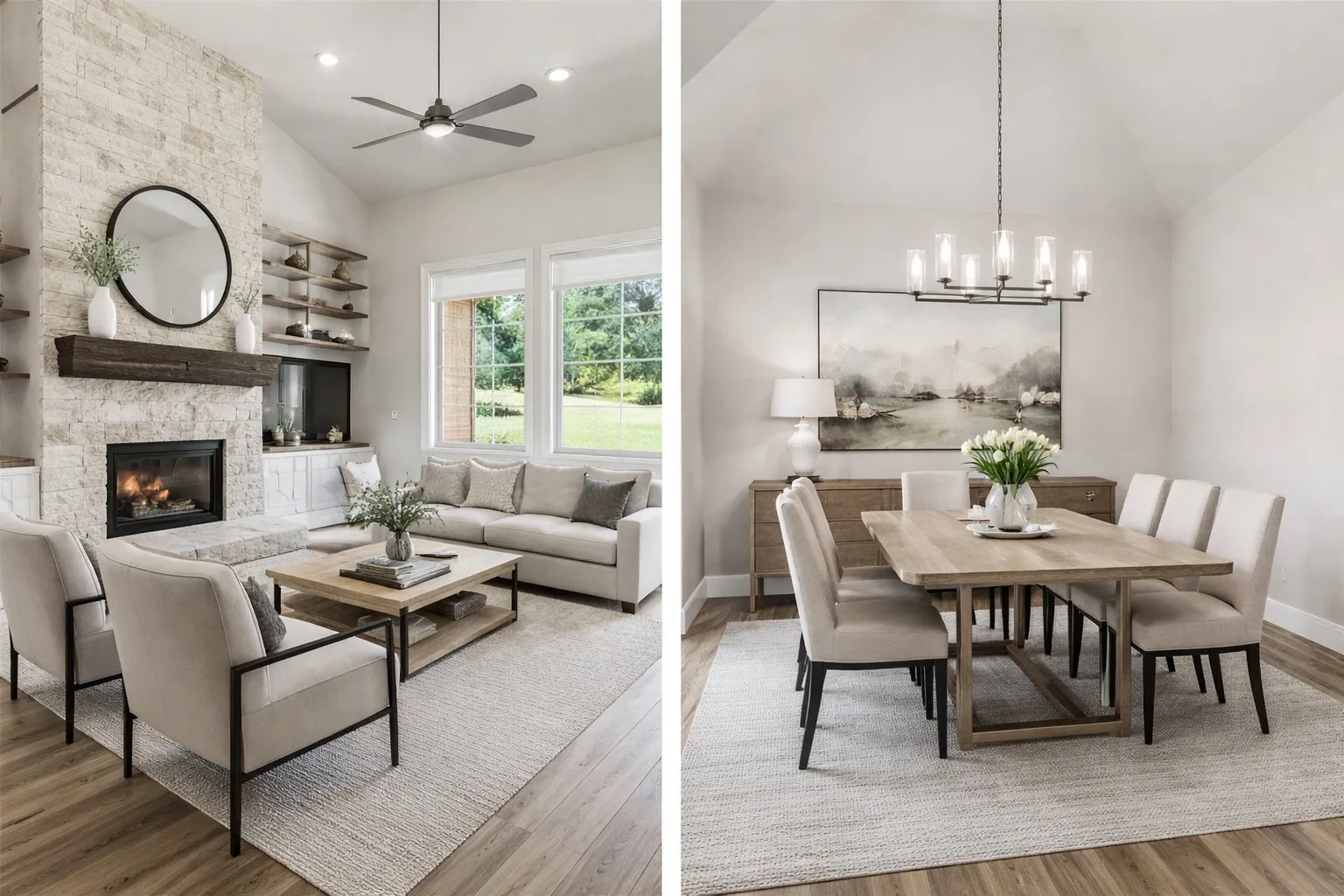 Spacious living area featuring a vaulted ceiling and a stone-clad fireplace with a wood mantel
