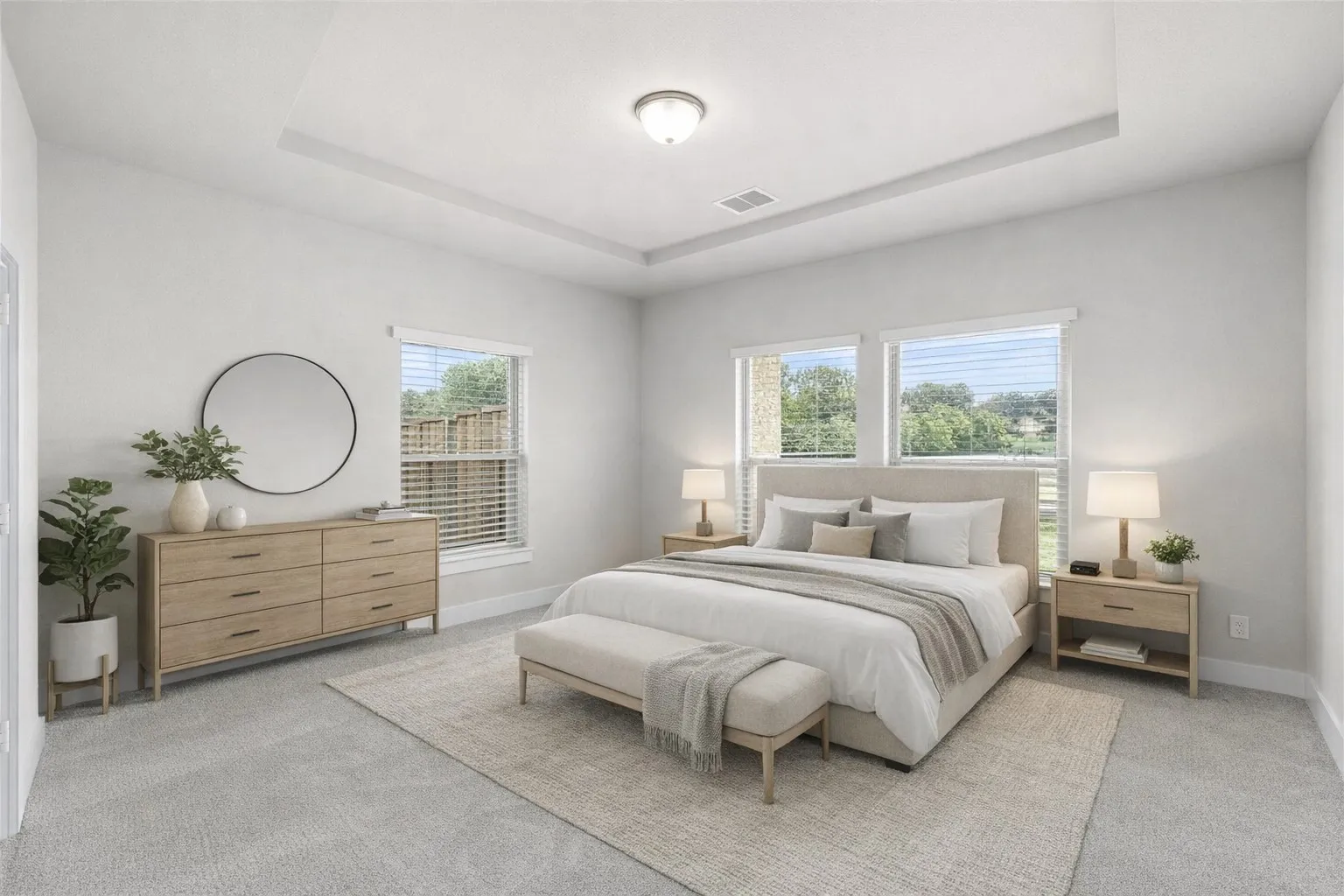 Spacious room featuring multiple windows, a tray ceiling, light gray carpeting, and neutral paint finishes