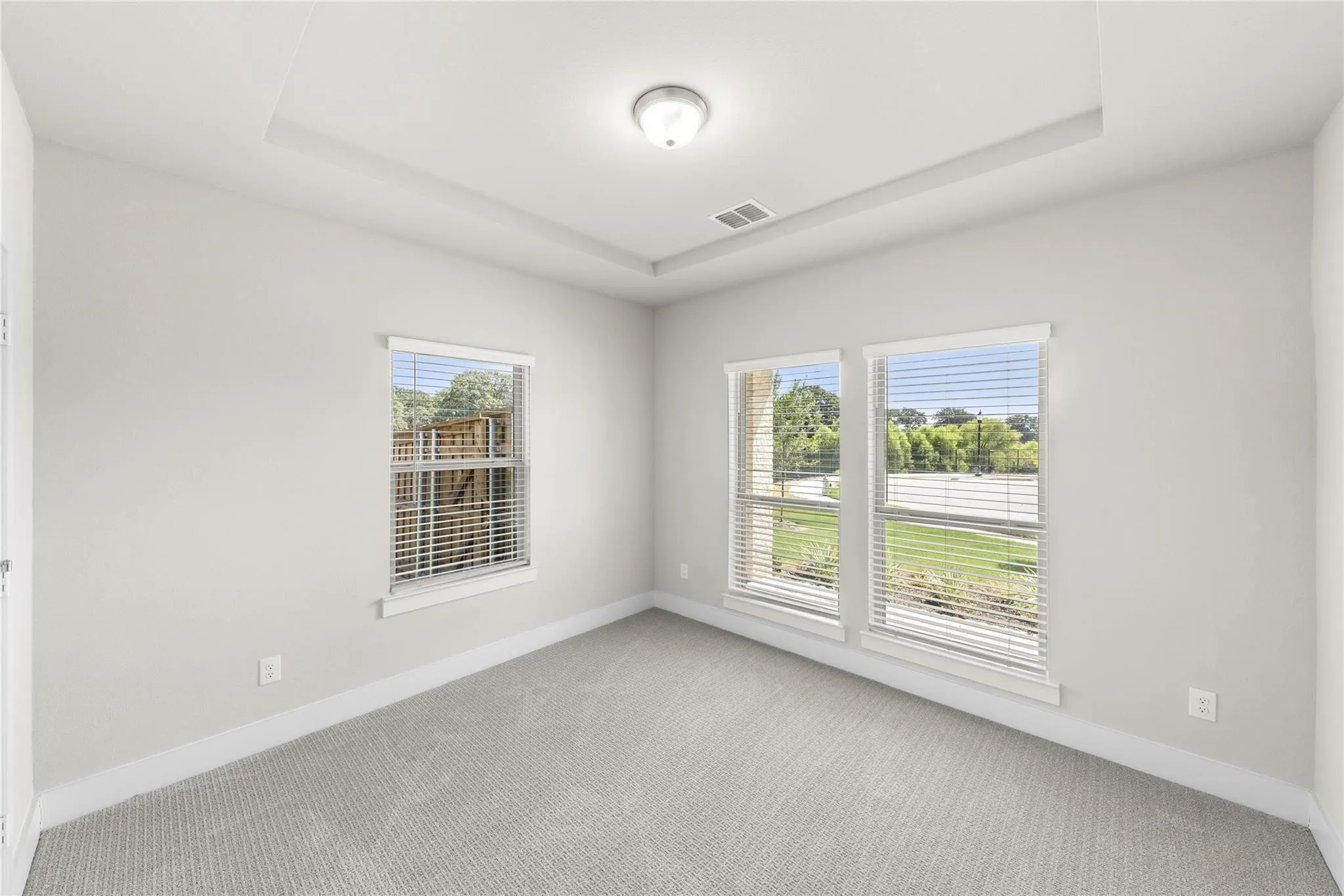 Spacious room featuring light gray carpeting, a tray ceiling, and three large windows with white blinds
