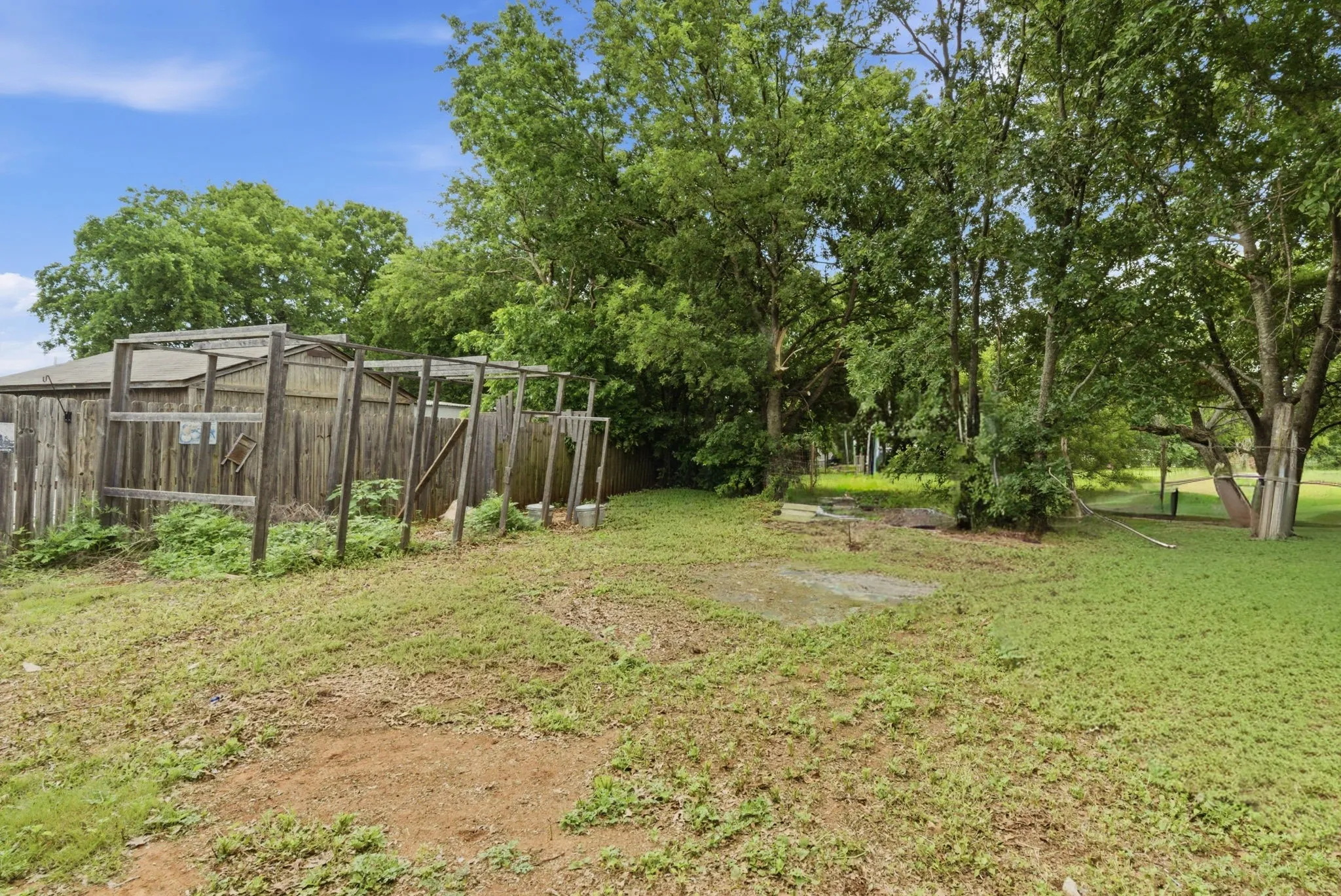 Expansive outdoor space featuring a wooden fence, multiple mature trees, a clear blue sky, and a garden structure