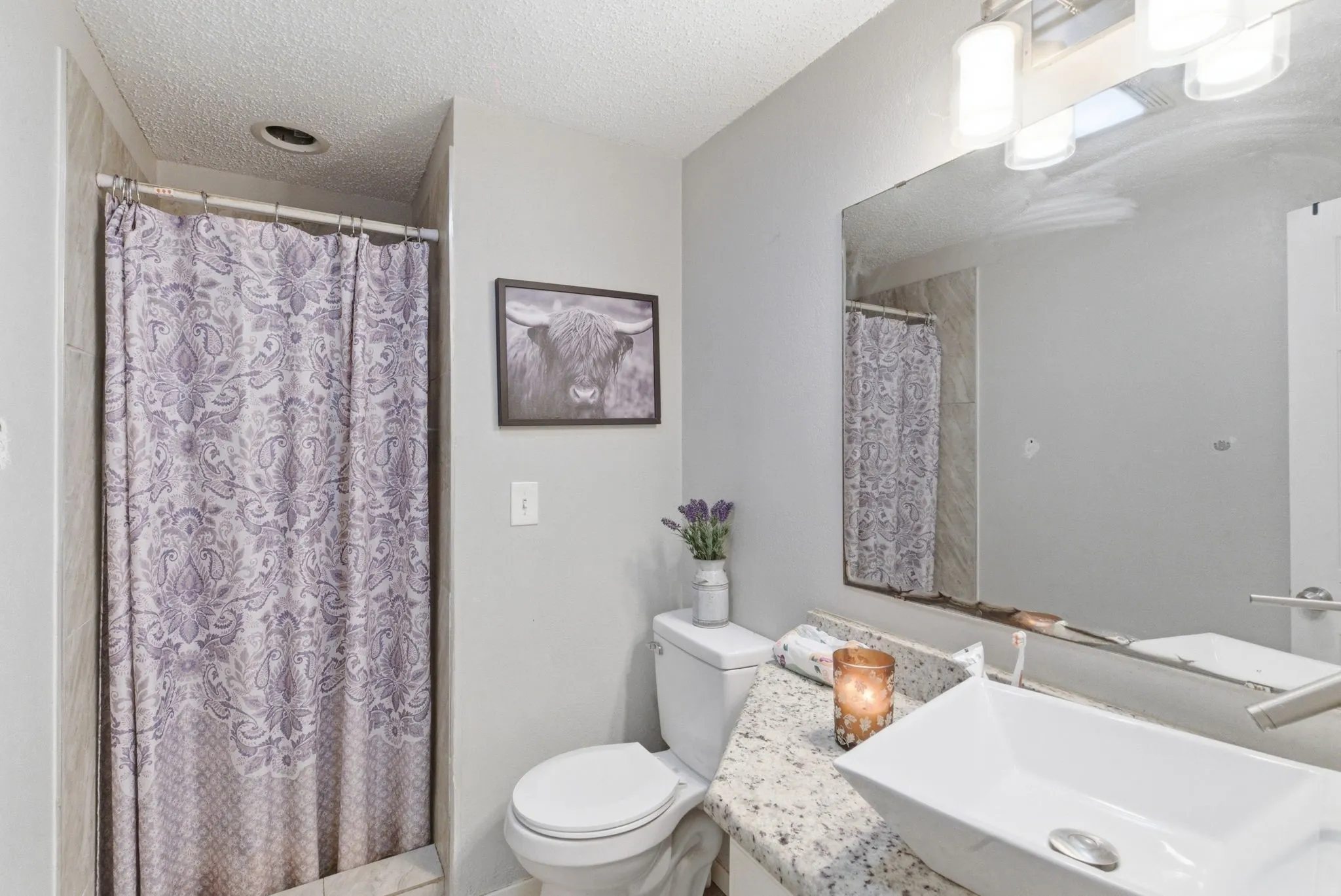 Bathroom featuring a white rectangular vessel sink, brushed nickel faucet, and a speckled countertop