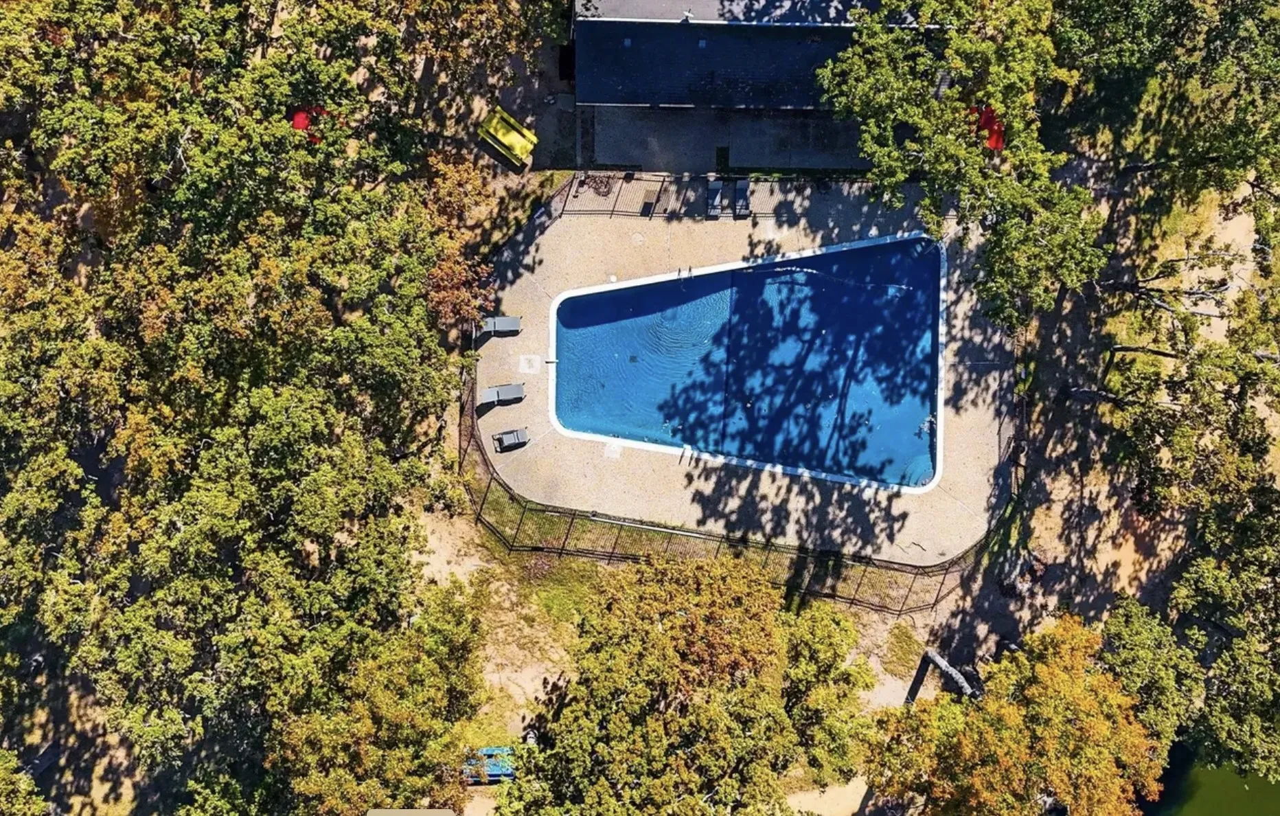 Fenced outdoor swimming pool with surrounding concrete decking, bordered by mature trees