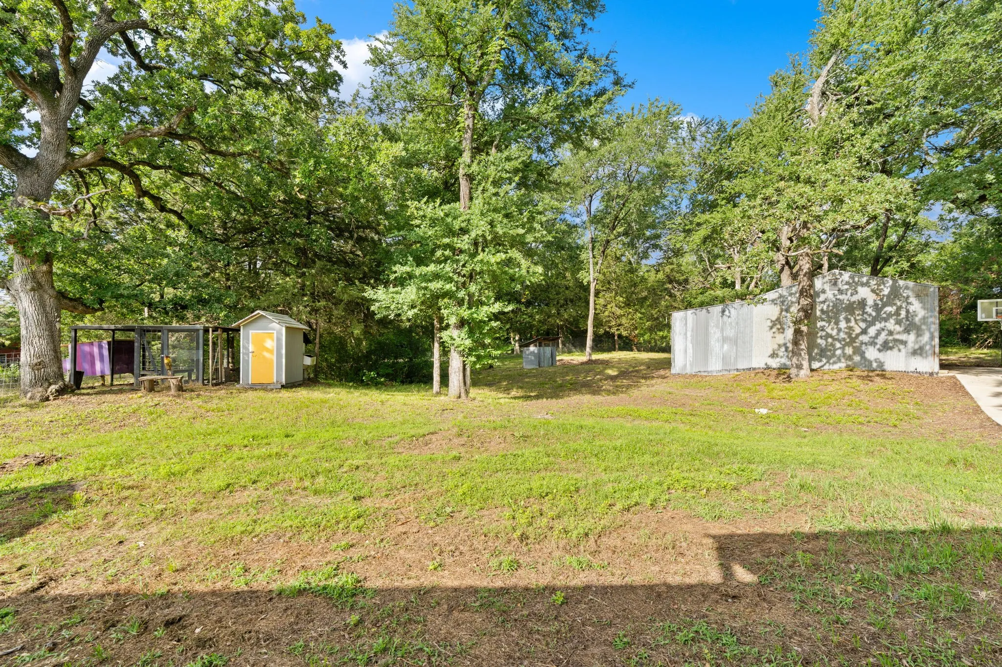 Expansive outdoor space featuring a large grassy area, mature trees, a detached storage shed, a fenced enclosure, and a basketball hoop with a paved court