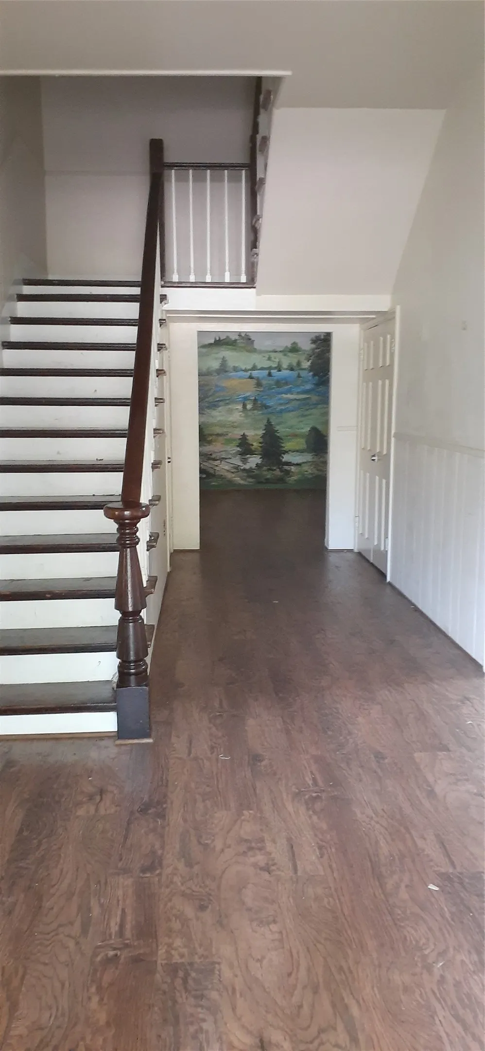 Wood-finish flooring, staircase with dark wood-tone banister, white paneled walls, and a decorative wall mural