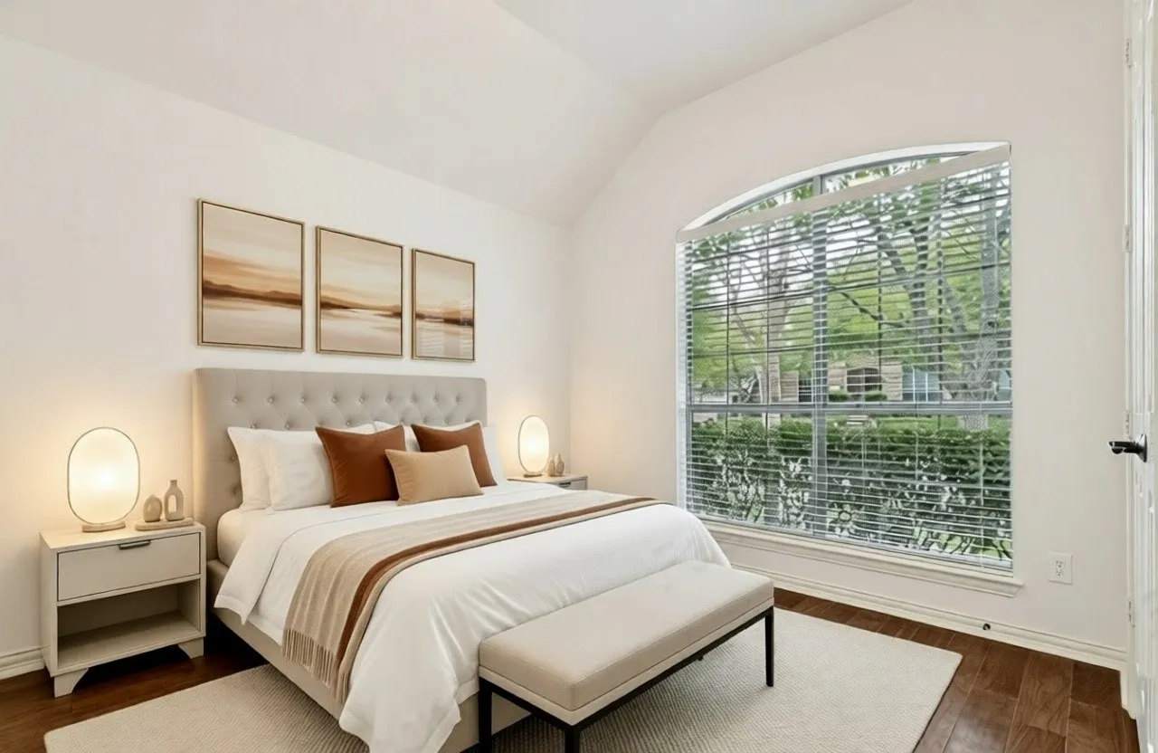 Another secondary bedroom featuring a vaulted ceiling, an arched window with blinds, and engineered hardwood flooring.