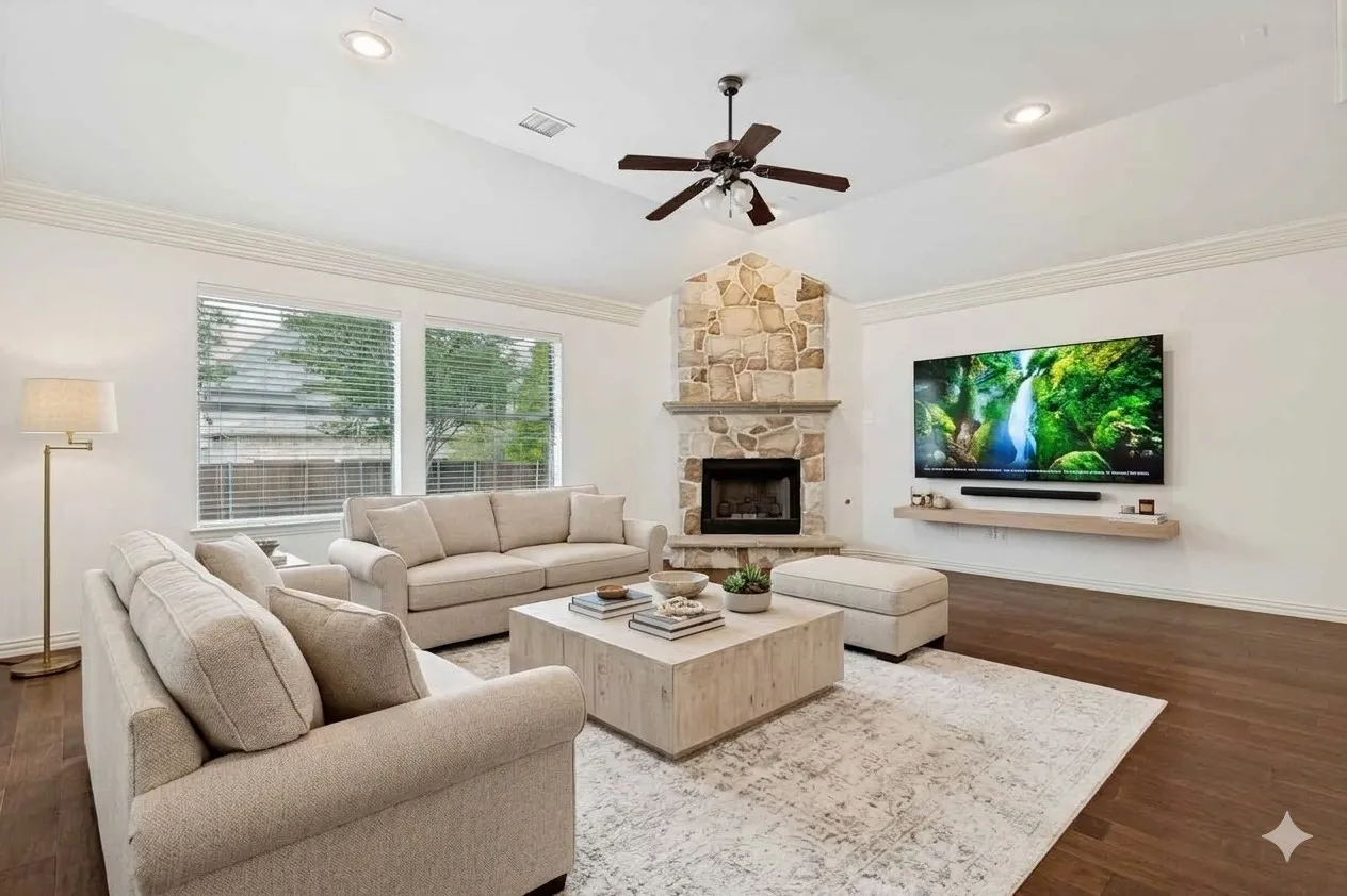 The Family Room offers an upgraded stone fireplace with gas logs, double crown molding, surround sound wiring, and an open-concept flow into the kitchen and breakfast area.*Virtually Staged
