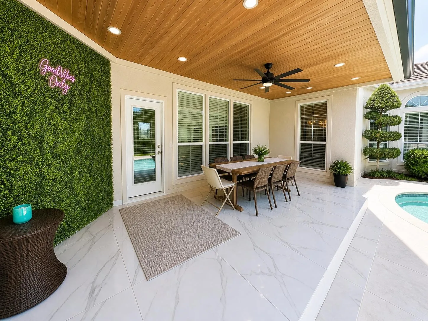 Covered patio featuring a wood-finish ceiling, recessed lighting, and a ceiling fan
