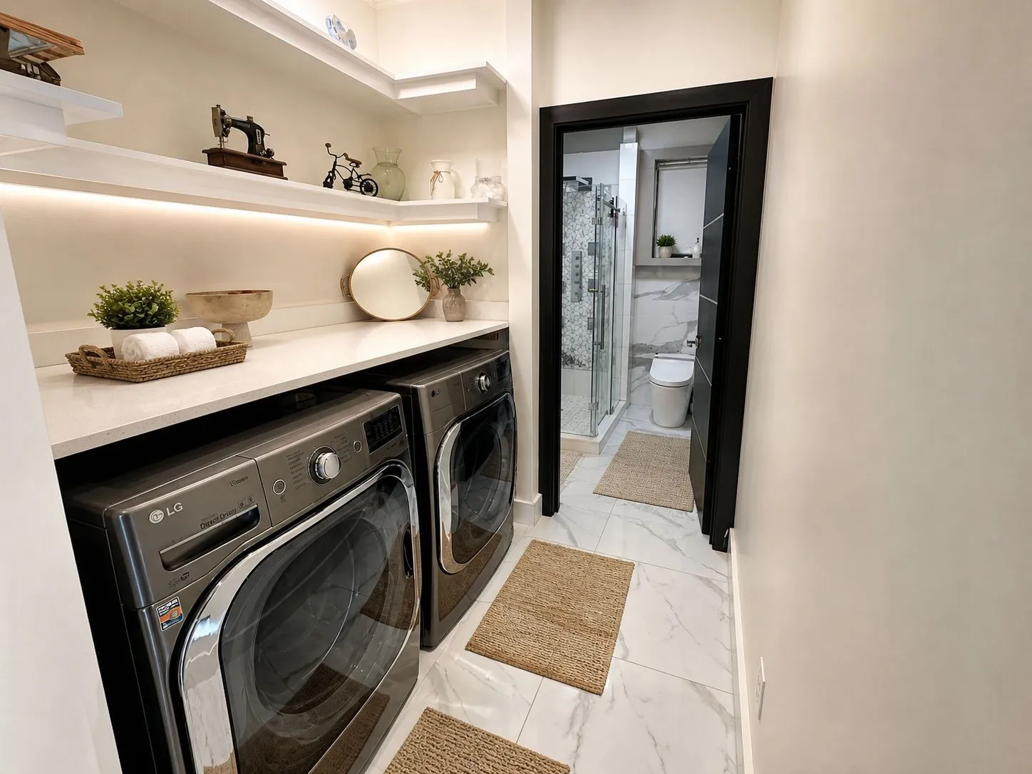 Dedicated laundry area featuring a white countertop, built-in shelving with under-cabinet lighting, and large format white tile flooring