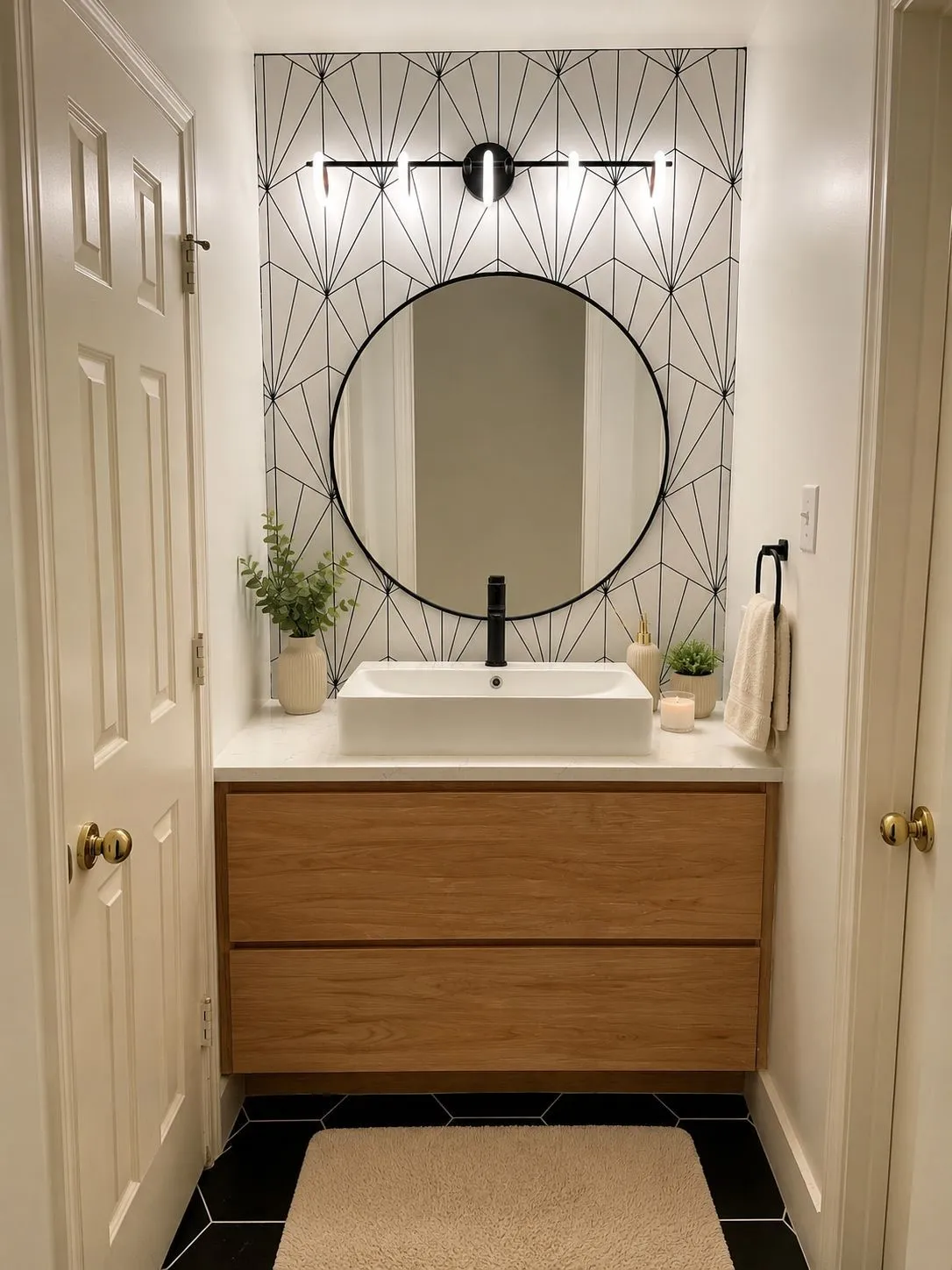 Powder room featuring a floating wood-finish vanity with a white countertop and vessel sink