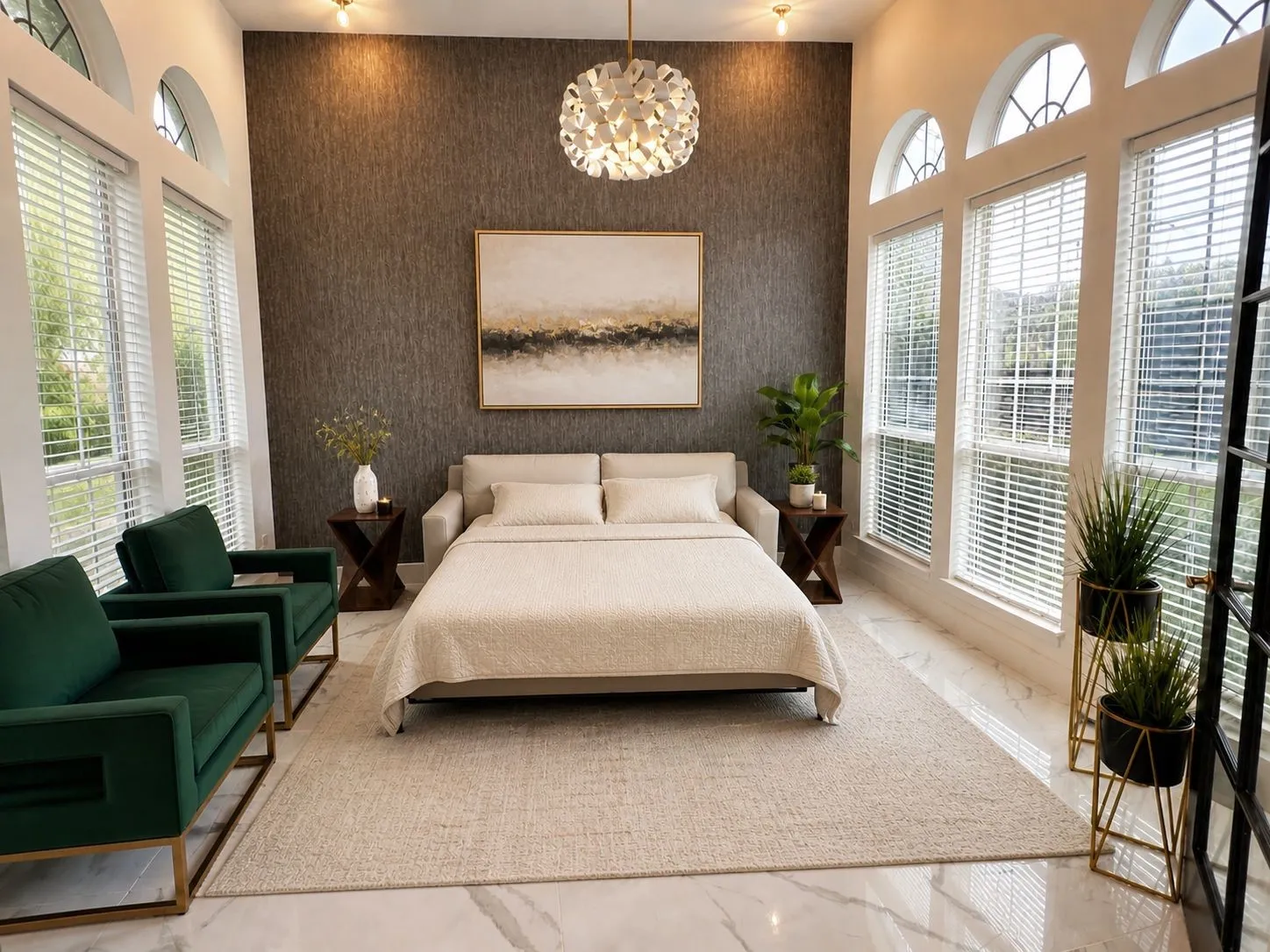 Spacious roomfeaturing high ceilings, a textured accent wall, and multiple arched transom windows