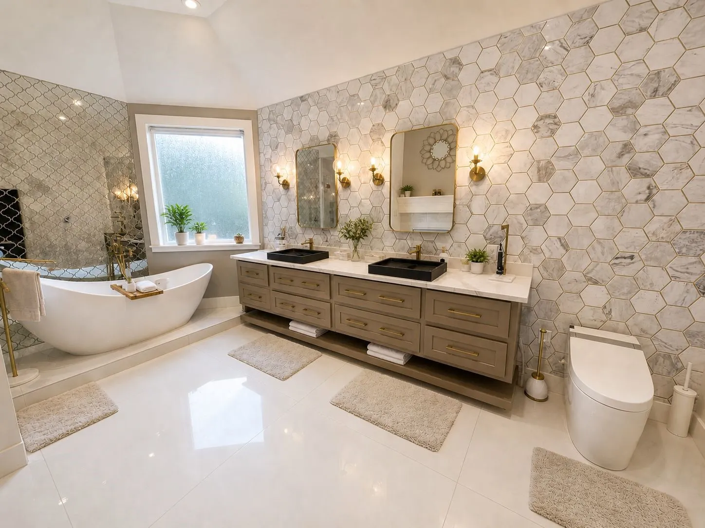 Freestanding soaking tub with a patterned mirrored accent wall