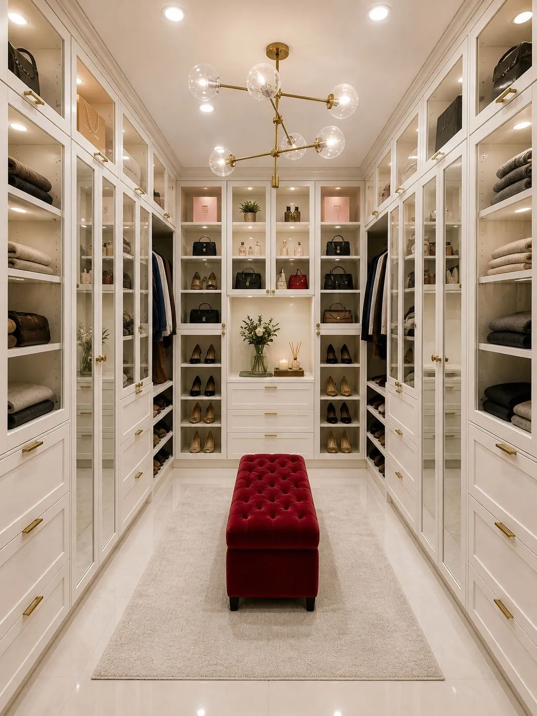 Custom closet system featuring extensive built-in cabinetry, glass-front upper cabinets, integrated lighting, and brass hardware