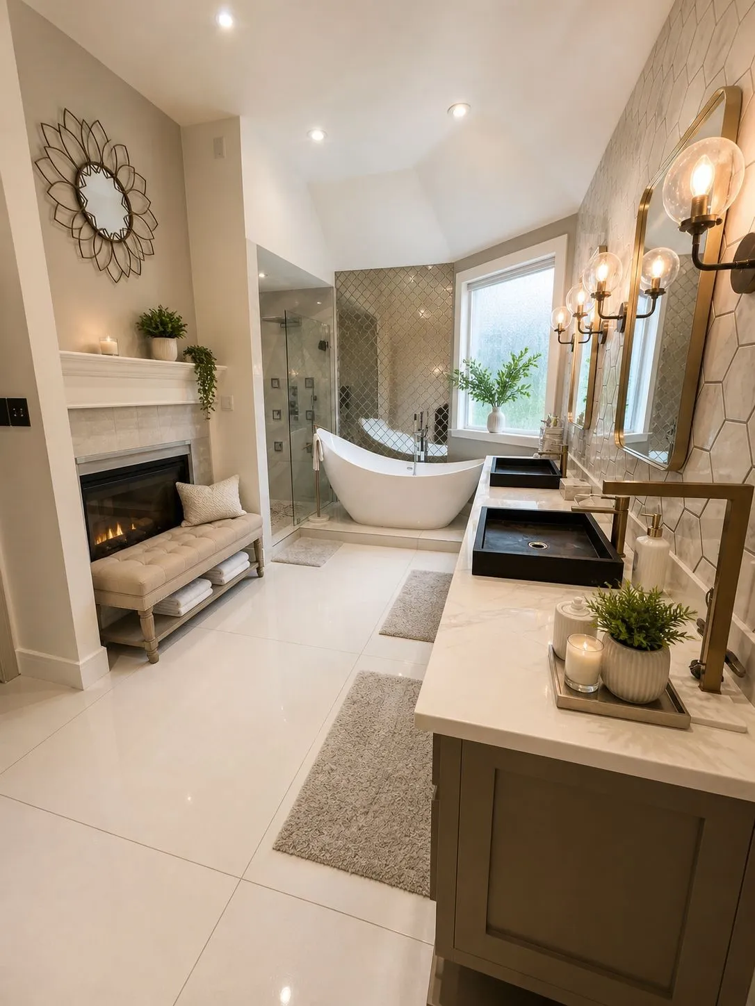 Contemporary bathroom featuring a freestanding soaking tub, a glass-enclosed shower, and a fireplace with a mantel