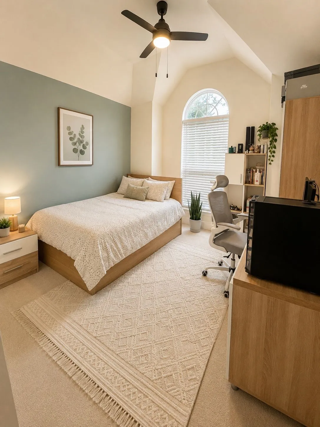 Vaulted ceiling room featuring an arched window with blinds, a ceiling fan with integrated lighting, wood-finish bedside storage, and wall-to-wall carpeting