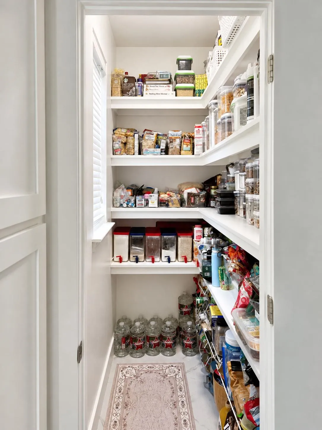 Spacious pantry featuring extensive built-in shelving, white cabinetry, a side window, and light-colored flooring