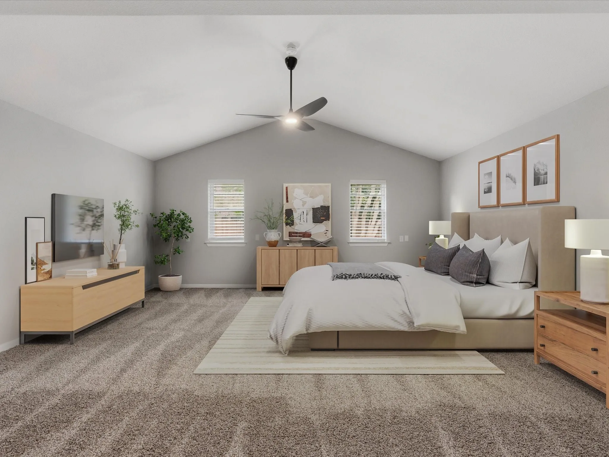 Vaulted ceiling with a ceiling fan