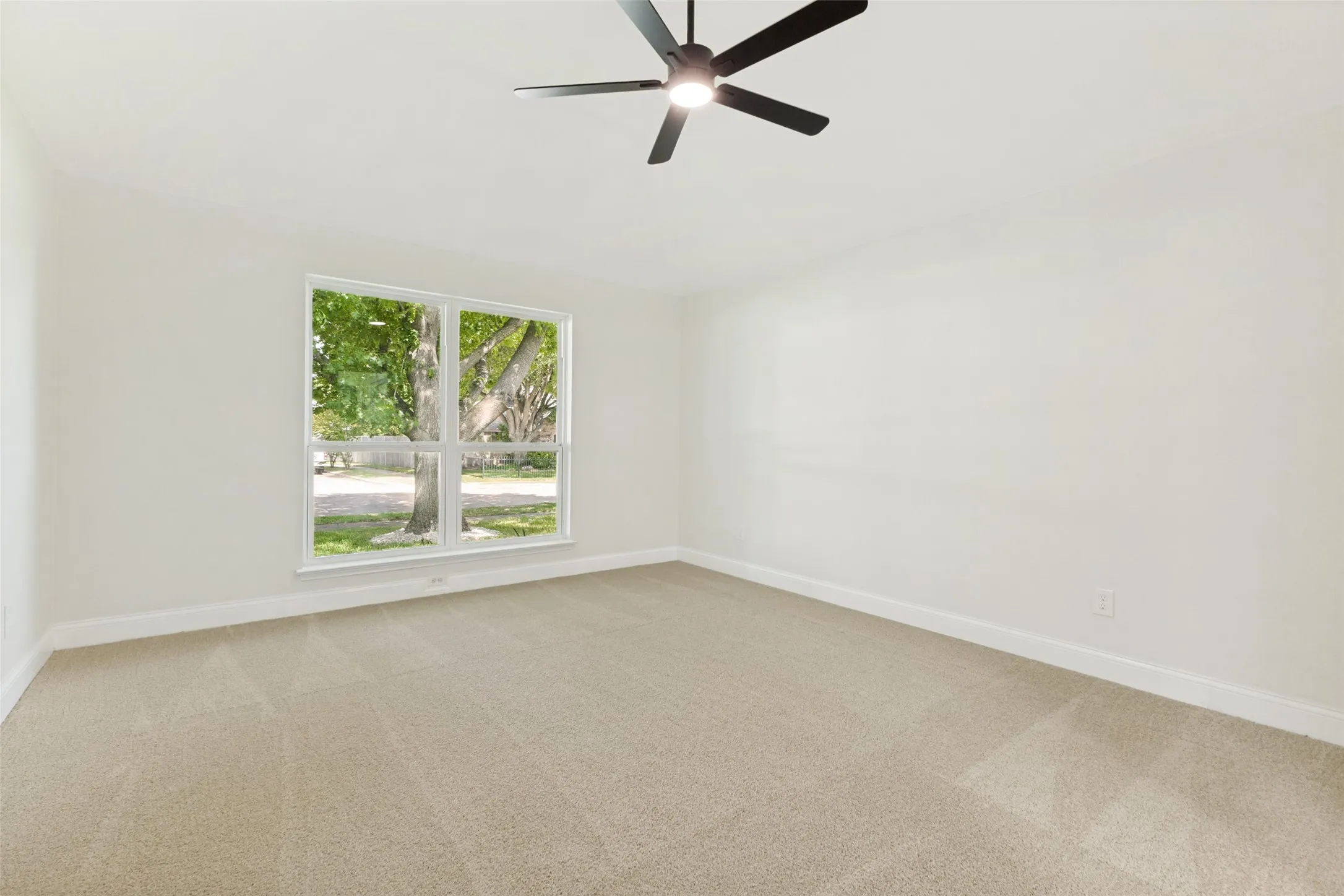Neutral paint palette with carpet flooring, a large window, a ceiling fan, and white baseboards