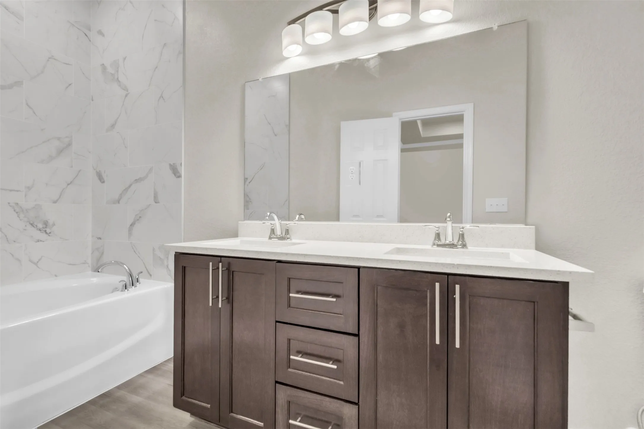 Garden tub with double vanity and spa shower