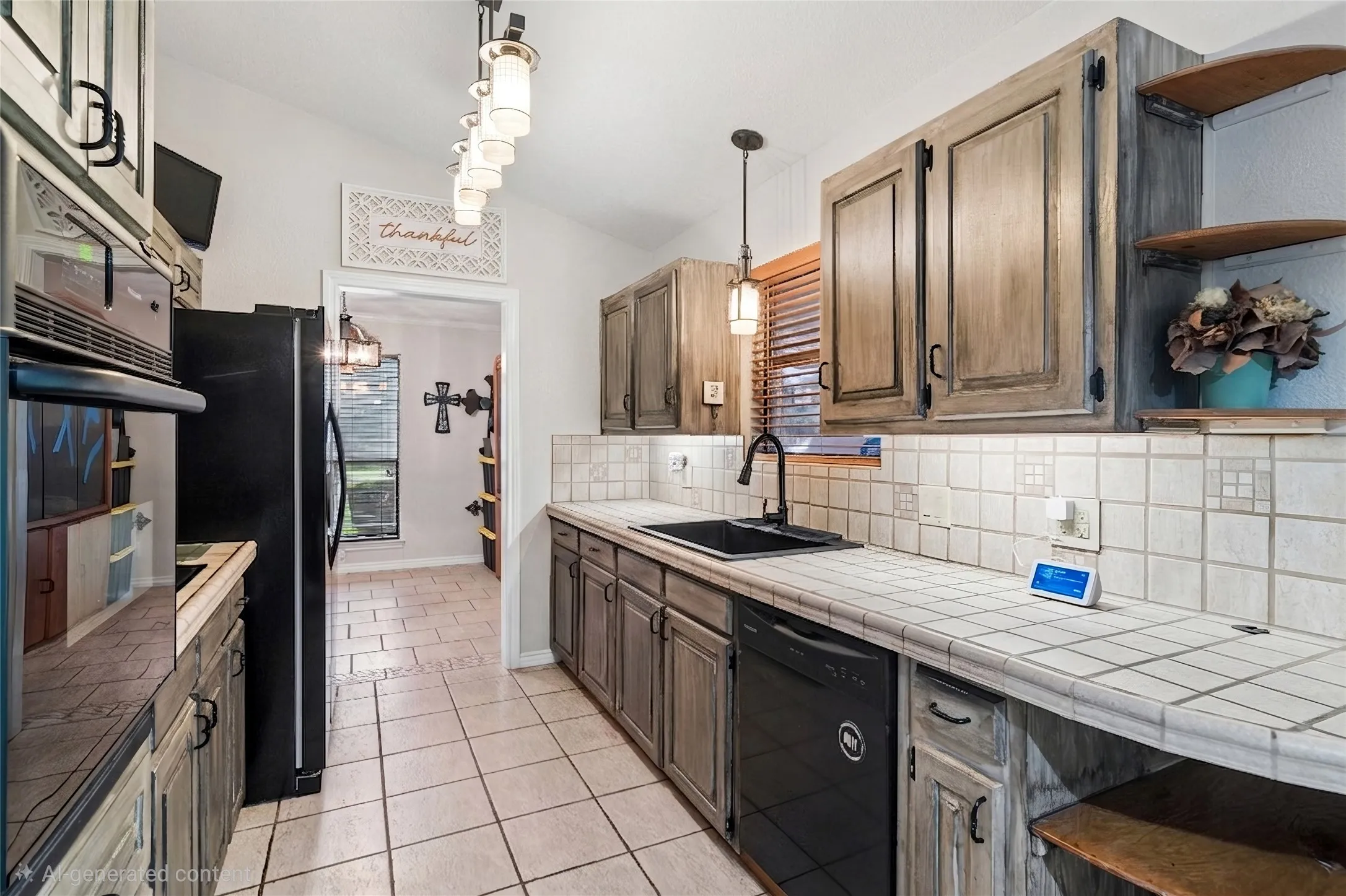 Galley type kitchen with farm sink
