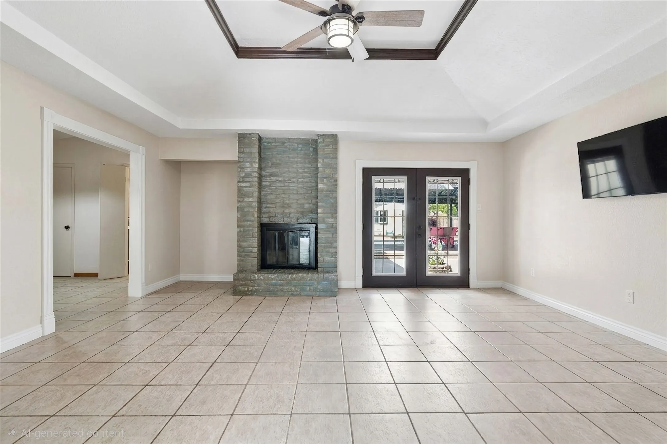 Spacious living room -wood burning fireplace with raised hearth.  French doors opening up to courtyard & pool