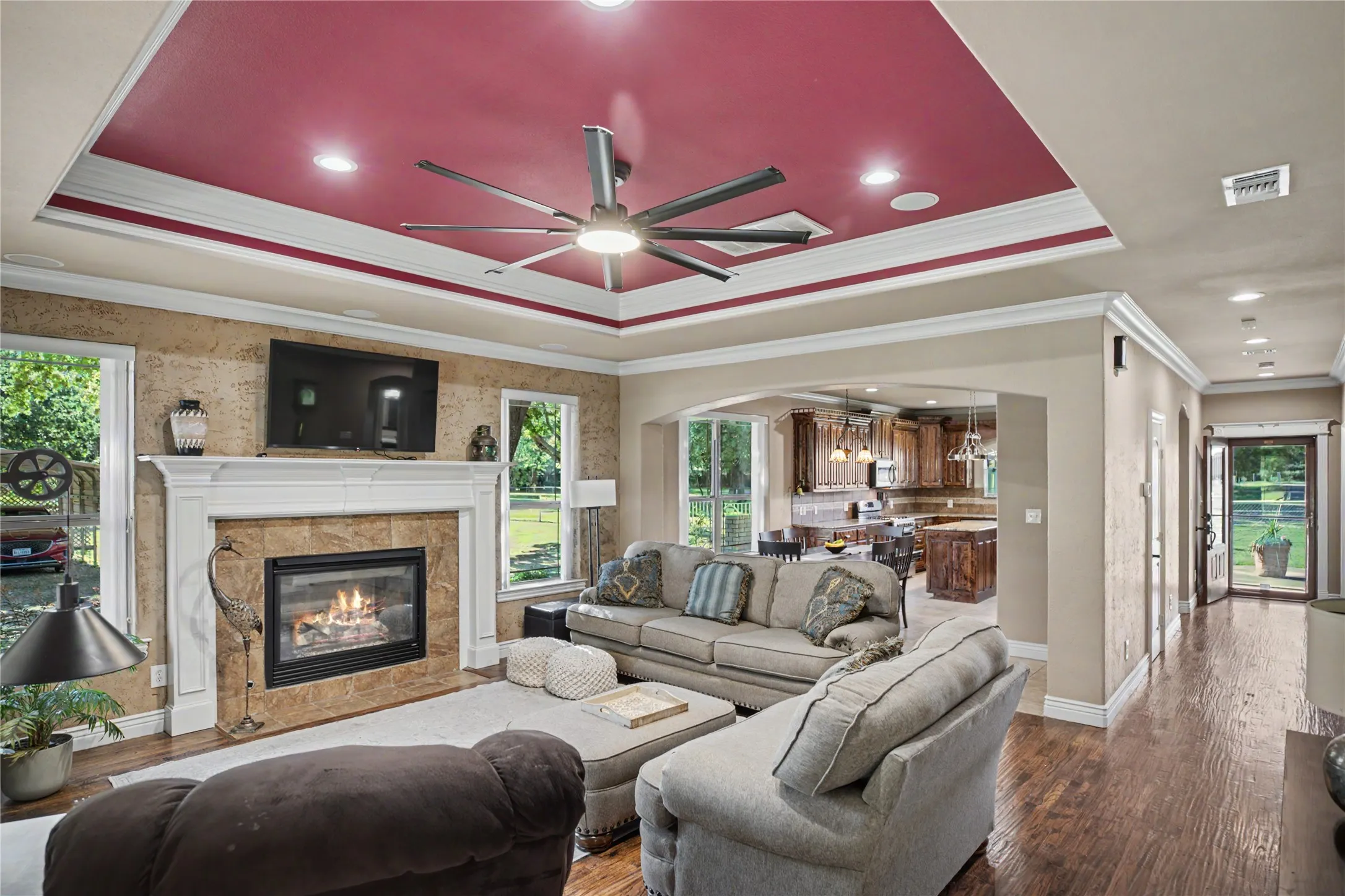 Living area with a tray ceiling and a central ceiling fan