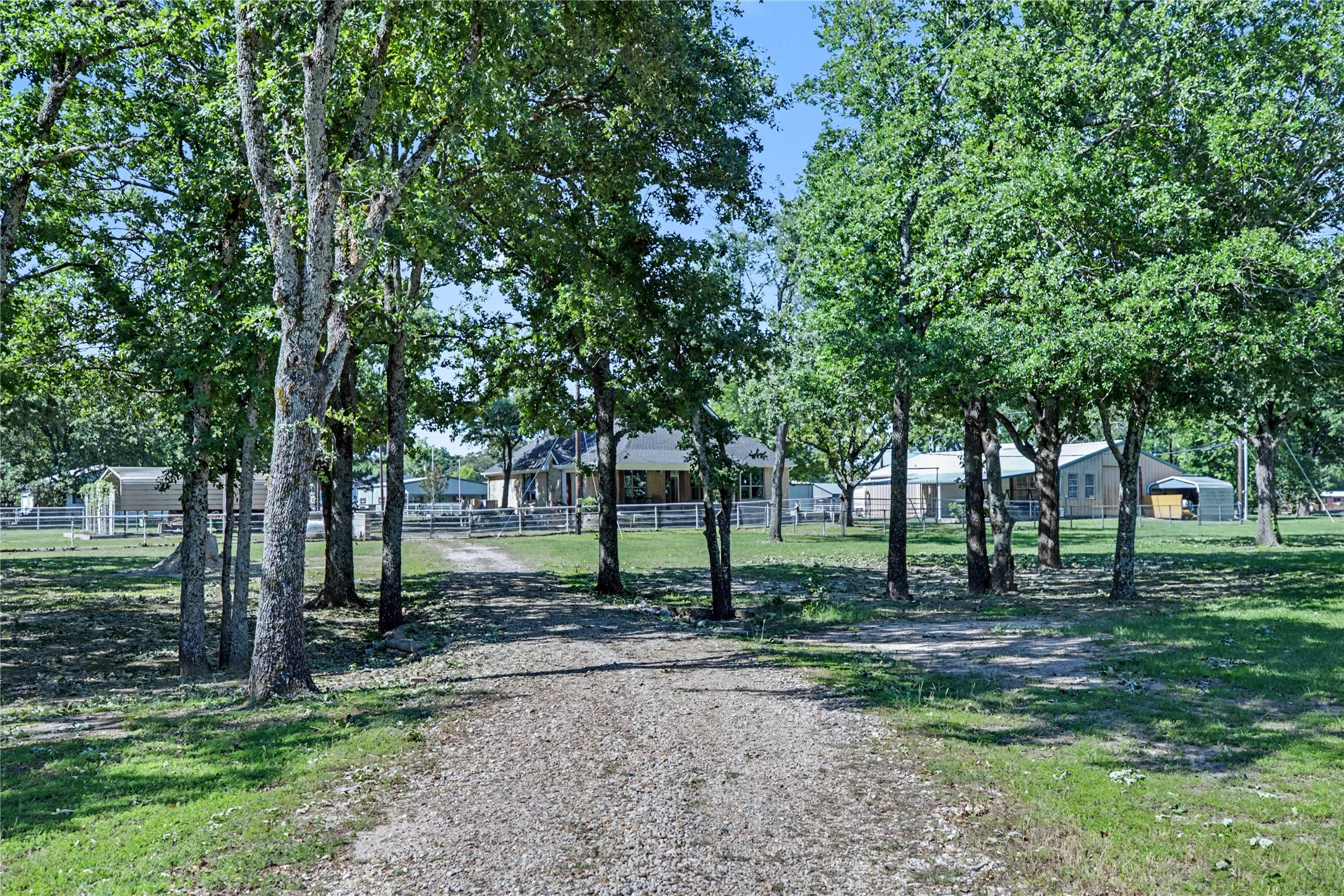 Gravel drive bordered by mature trees and manicured lawn