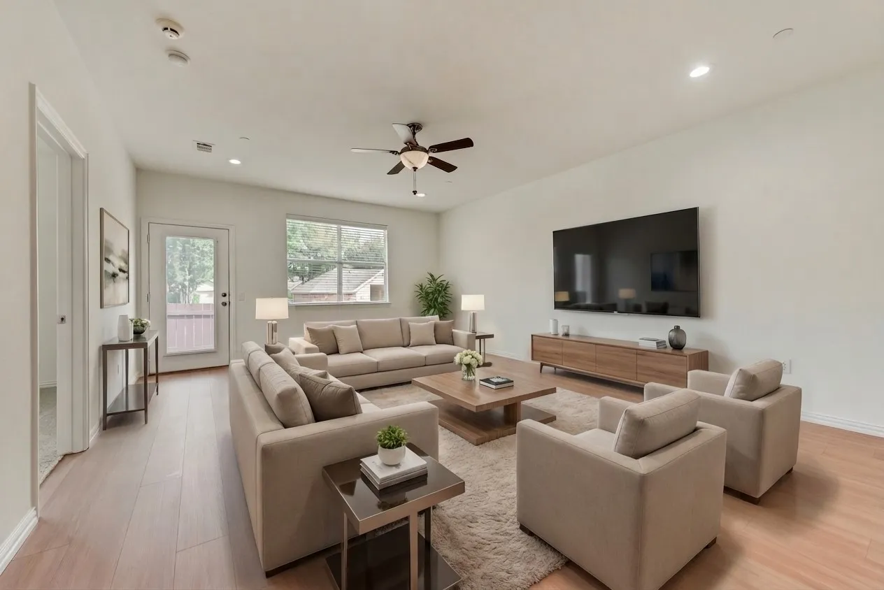 Spacious living area featuring light wood-finish flooring, vaulted ceilings, and a ceiling fan