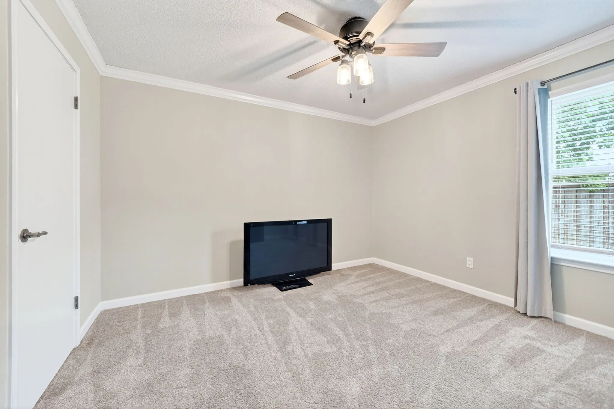 Interior room featuring light-colored walls and plush carpeting