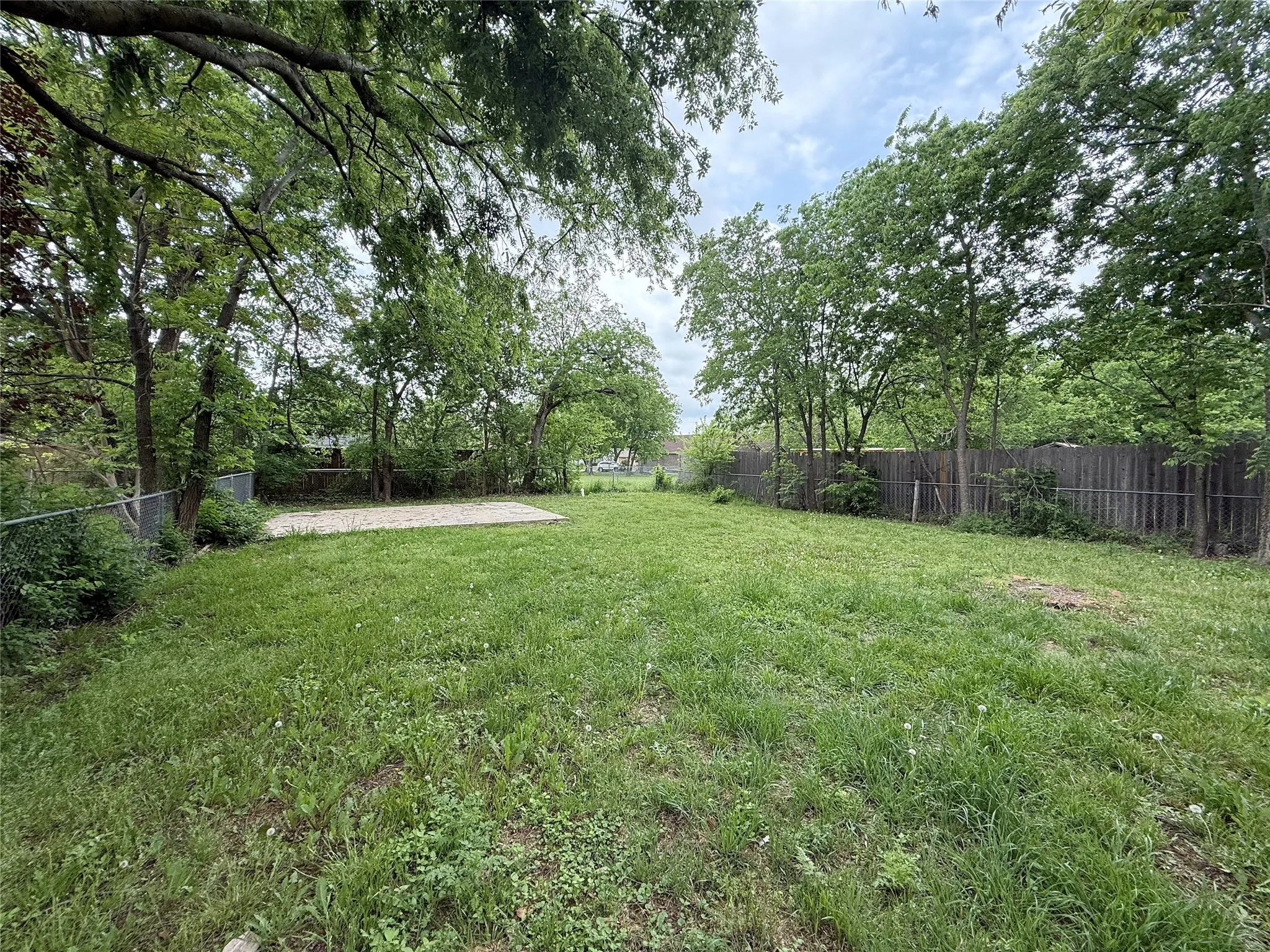 Expansive rear yard featuring natural grass, mature trees, a chain-link fence, and a wood fence boundary