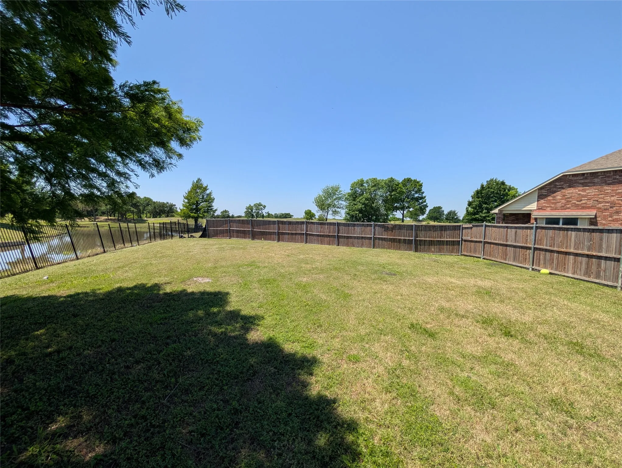 Expansive backyard with a manicured lawn, bordered by a privacy fence on two sides and a metal fence along the water's edge