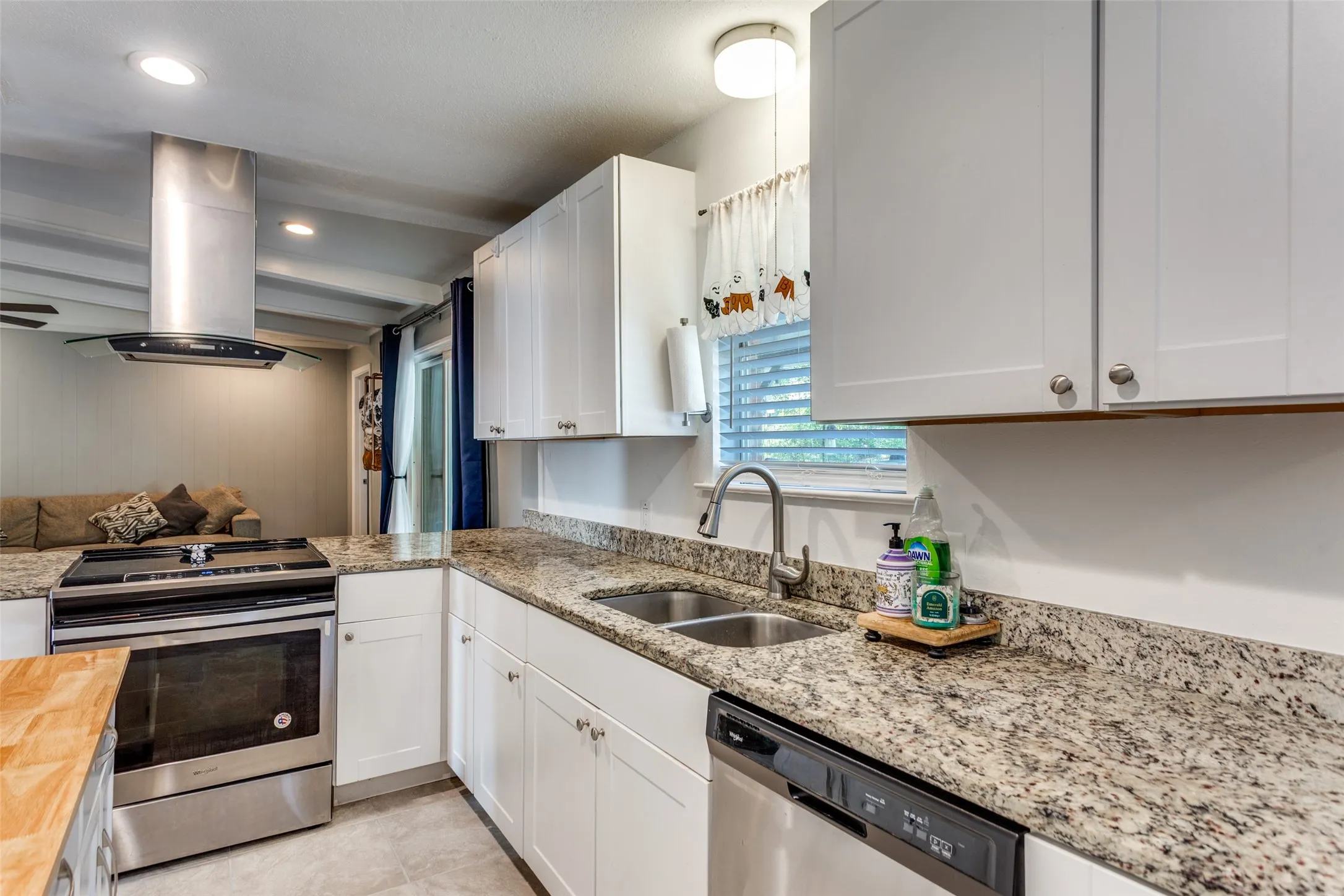 Kitchen featuring white cabinetry, granite countertops, stainless steel appliances, a double basin sink, and recessed lighting