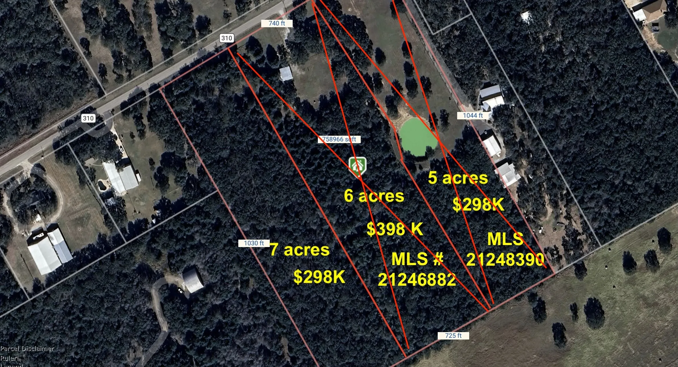 Real Estate Listing Map. Displaying property boundaries, parcel sizes, and pricing information