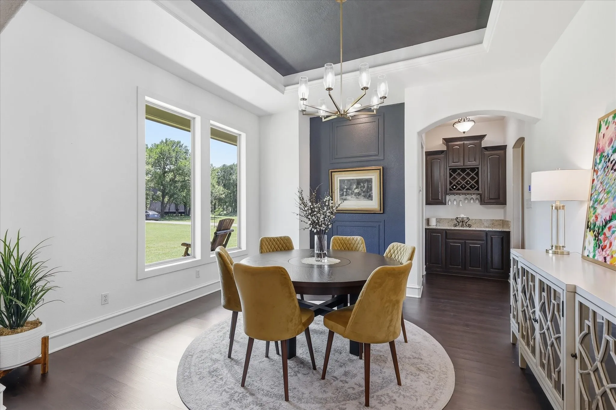 Formal Dining Room with Large Picture Frame Windows.