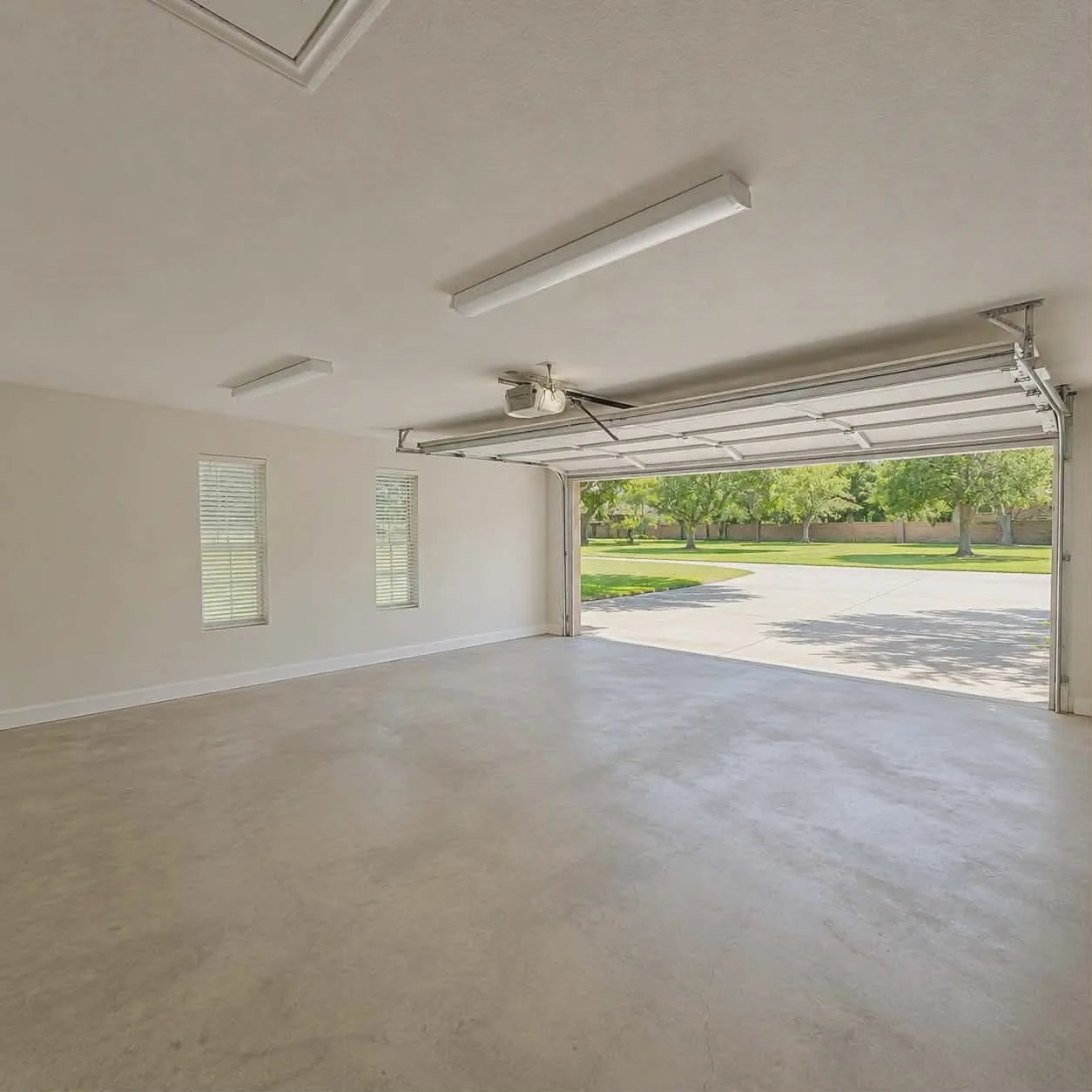 Spacious two vehicle garage featuring a concrete floor, two windows with blinds, ceiling-mounted fluorescent lighting, an automatic garage door opener, and a raised garage door