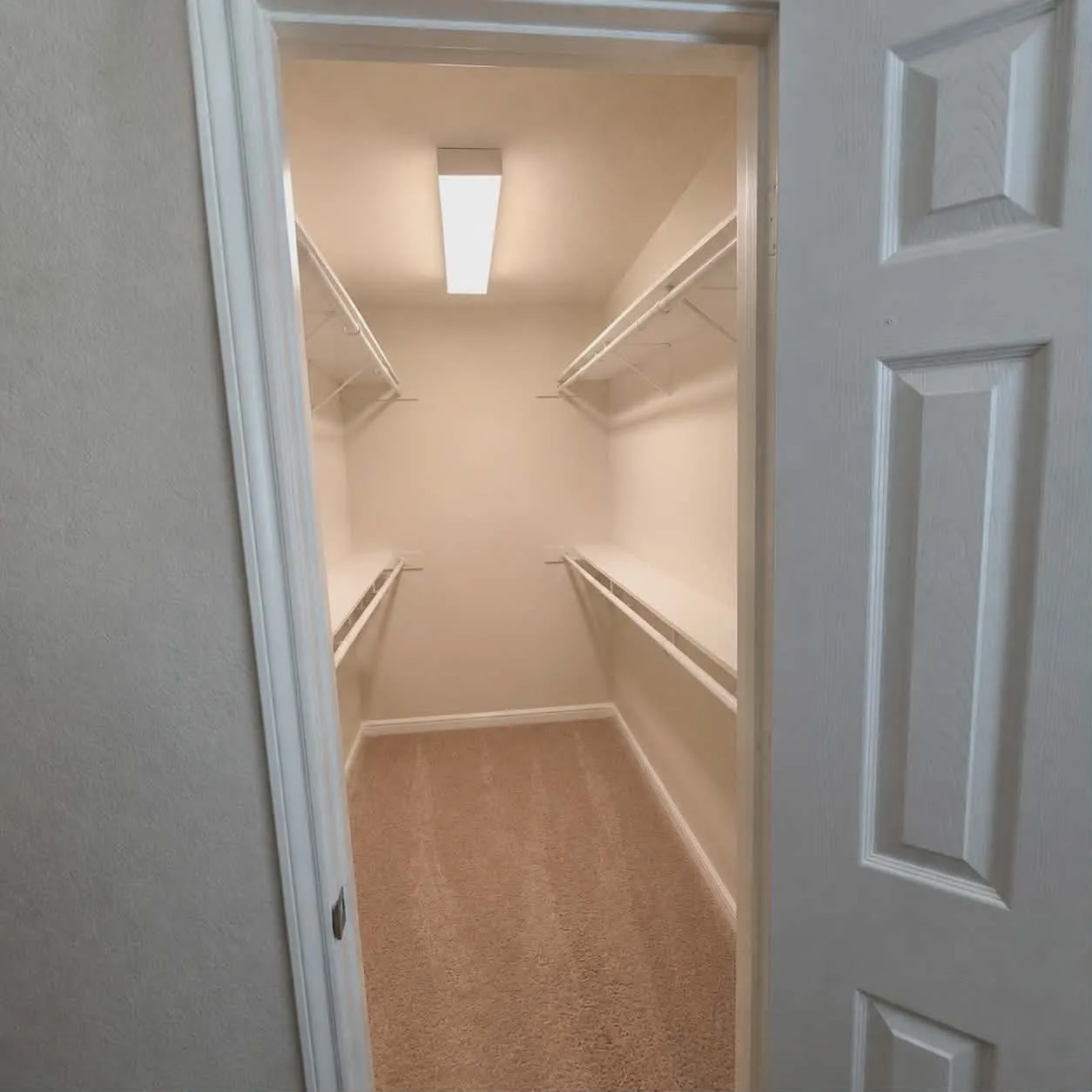 Primary bedroom- Walk-in closet featuring light beige carpet, white wire shelving, and an overhead fluorescent light fixture-This photo was taken before family moved in