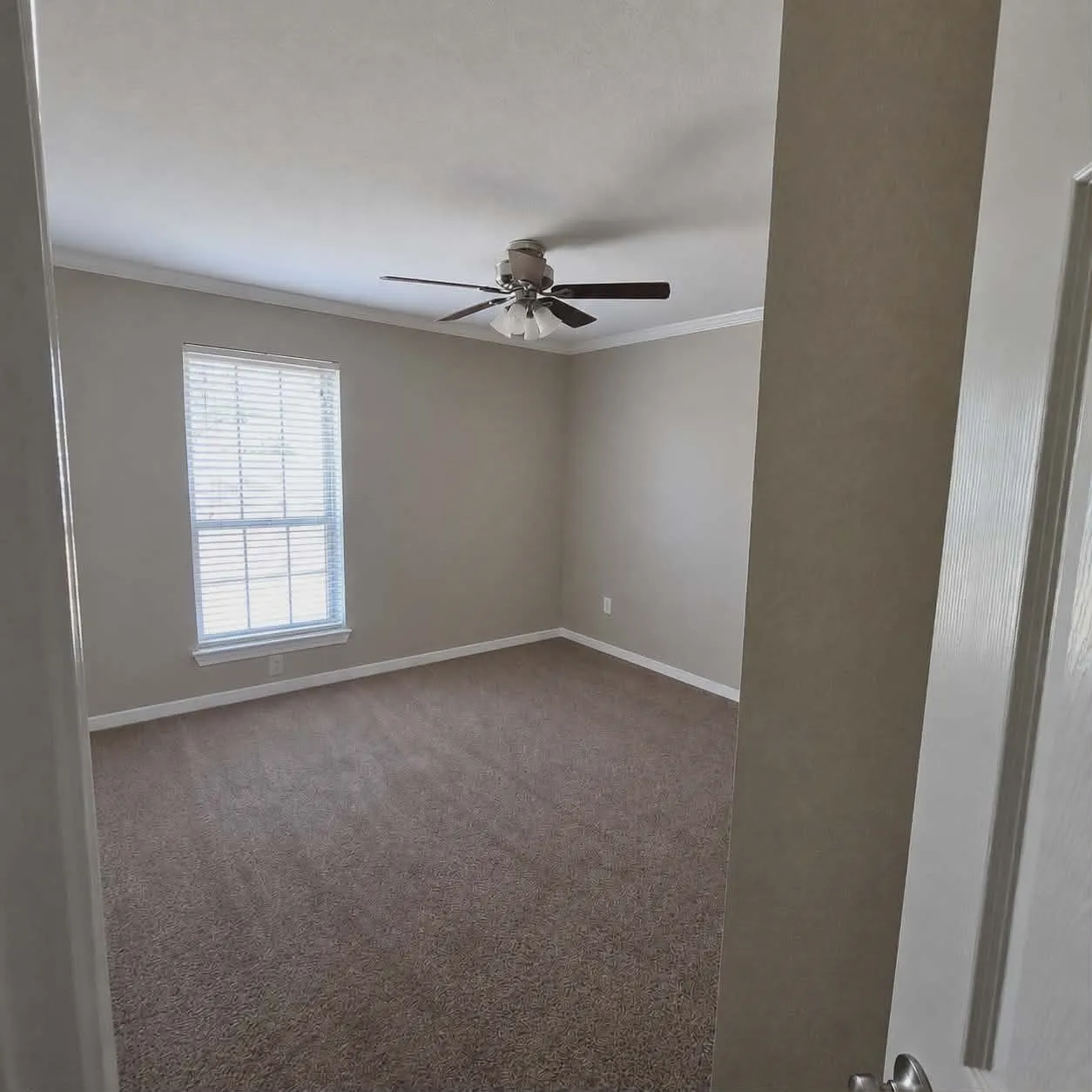 Bedroom 2- Carpeted interior space featuring a window with horizontal blinds, a ceiling fan with light fixture, neutral wall tones, and white crown molding-This photo was taken before family moved in