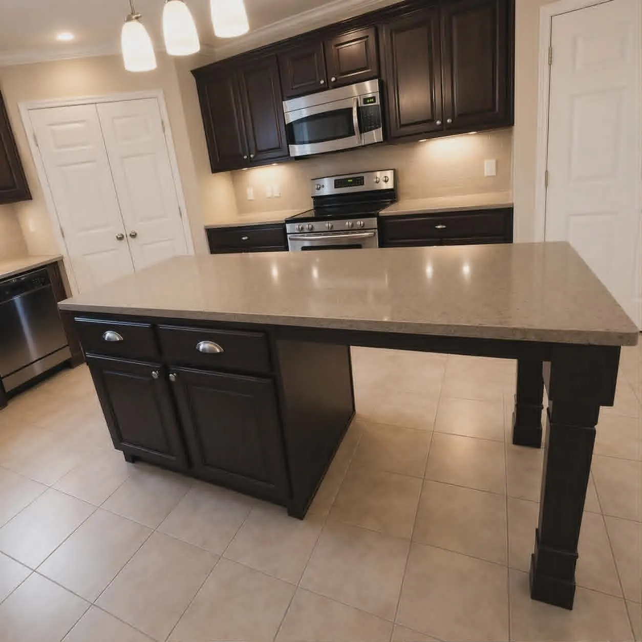 Kitchen island with an extended countertop, dark wood-finish cabinetry, stainless steel appliances, and tiled flooring-This photo was taken before family moved in