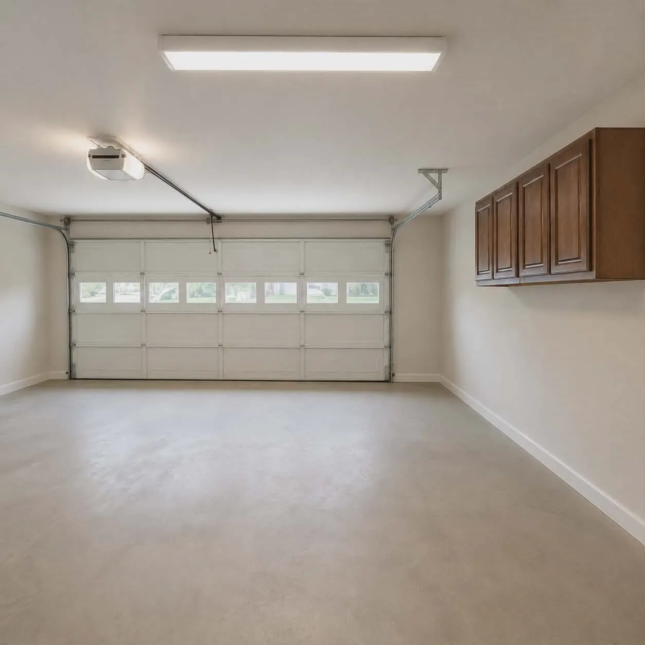 Spacious garage with a white sectional door featuring multiple window panels