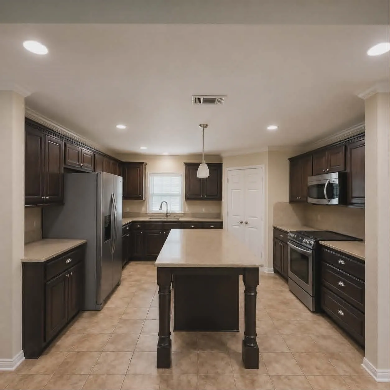 Kitchen featuring dark wood cabinetry, light-toned countertops, and stainless steel appliances-This photo was taken before family moved in